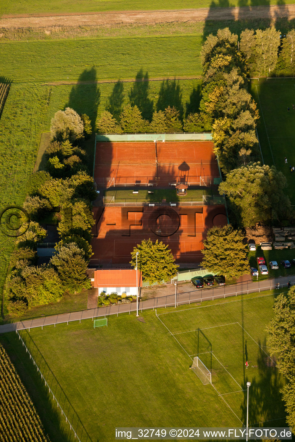 Terrains de sport à Minfeld dans le département Rhénanie-Palatinat, Allemagne depuis l'avion