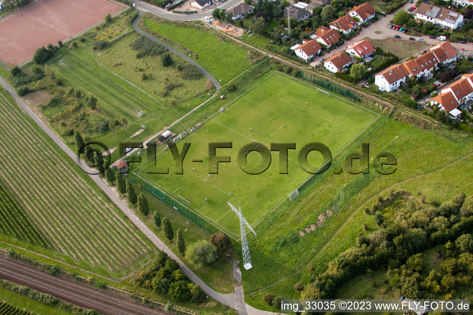 Vue aérienne de Sur la Weinstrasse, terrain de sport à le quartier Mußbach in Neustadt an der Weinstraße dans le département Rhénanie-Palatinat, Allemagne