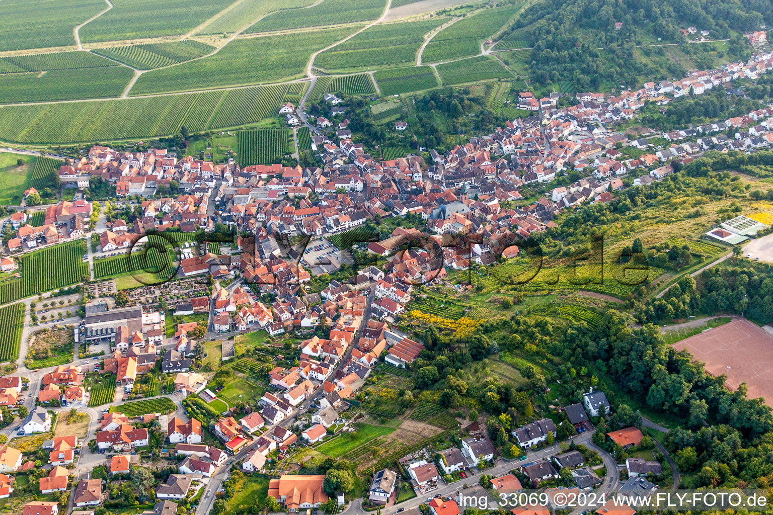 Vue oblique de Village - vue à la lisière du Haardt de la forêt du Palatinat entre vignes à le quartier SaintMartin in Sankt Martin dans le département Rhénanie-Palatinat, Allemagne