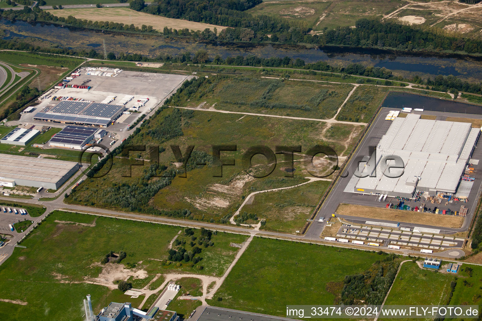 Vue aérienne de Zone industrielle d'Oberwald, entreprises de logistique à le quartier Maximiliansau in Wörth am Rhein dans le département Rhénanie-Palatinat, Allemagne