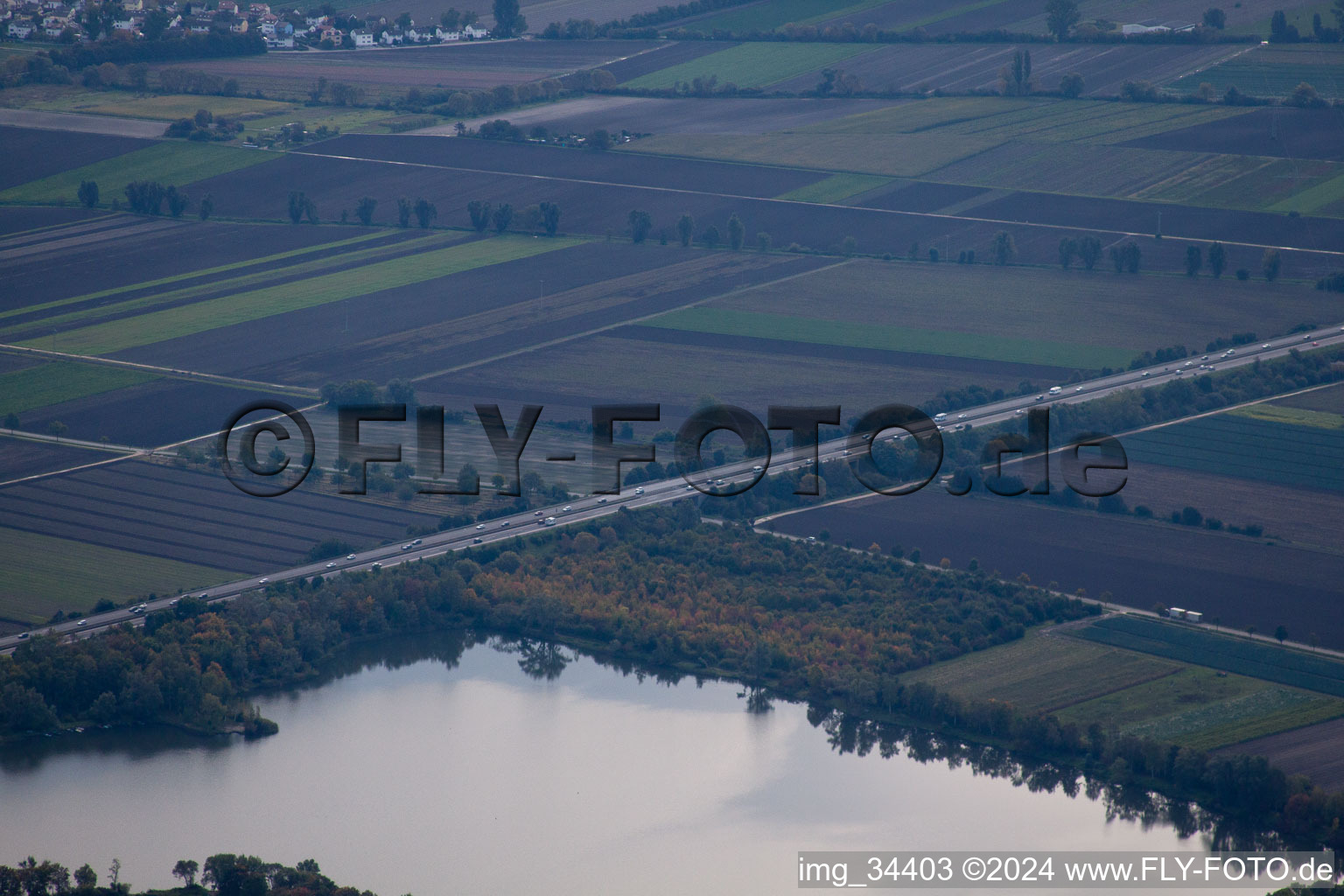 Vue aérienne de Étang de carrière à Heßheim dans le département Rhénanie-Palatinat, Allemagne