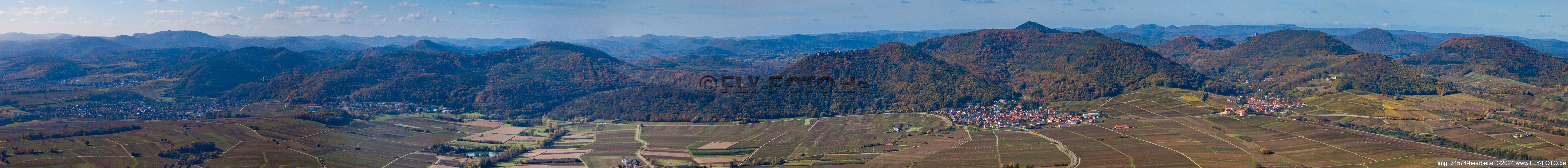 Vue aérienne de Perspective panoramique du paysage forestier et montagneux du Haardtrand de la forêt du Palatinat à Eschbach dans le département Rhénanie-Palatinat, Allemagne