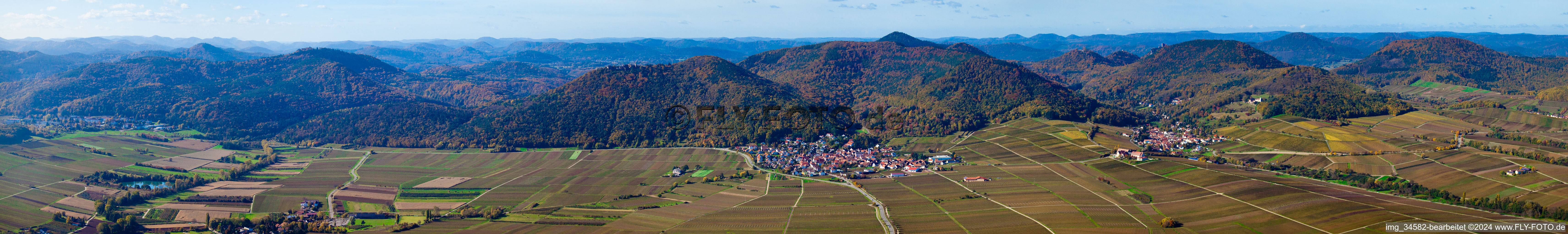 Vue aérienne de Perspective panoramique du paysage forestier et montagneux du Haardtrand de la forêt du Palatinat à Eschbach dans le département Rhénanie-Palatinat, Allemagne