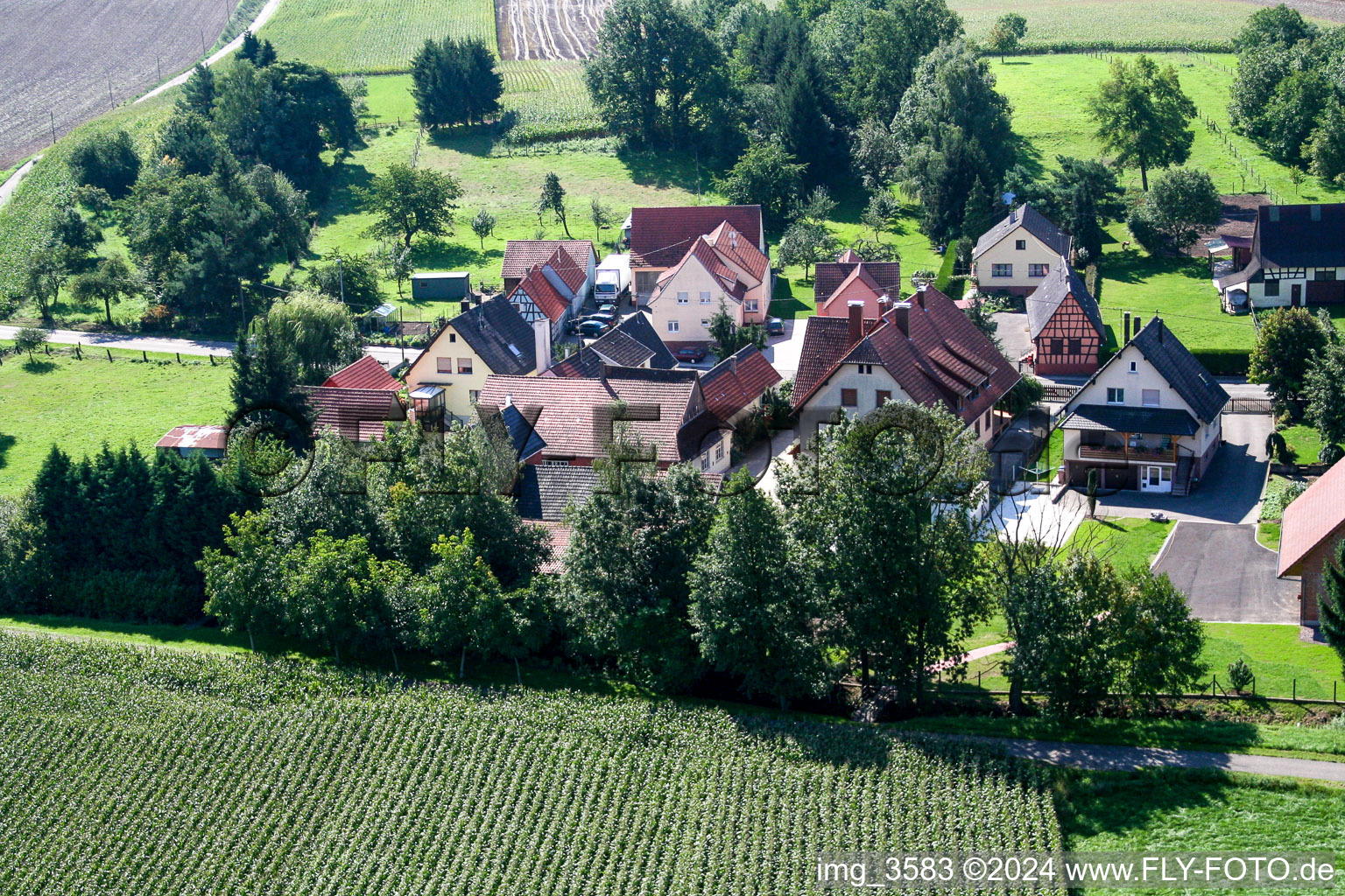 Niederlauterbach dans le département Bas Rhin, France du point de vue du drone