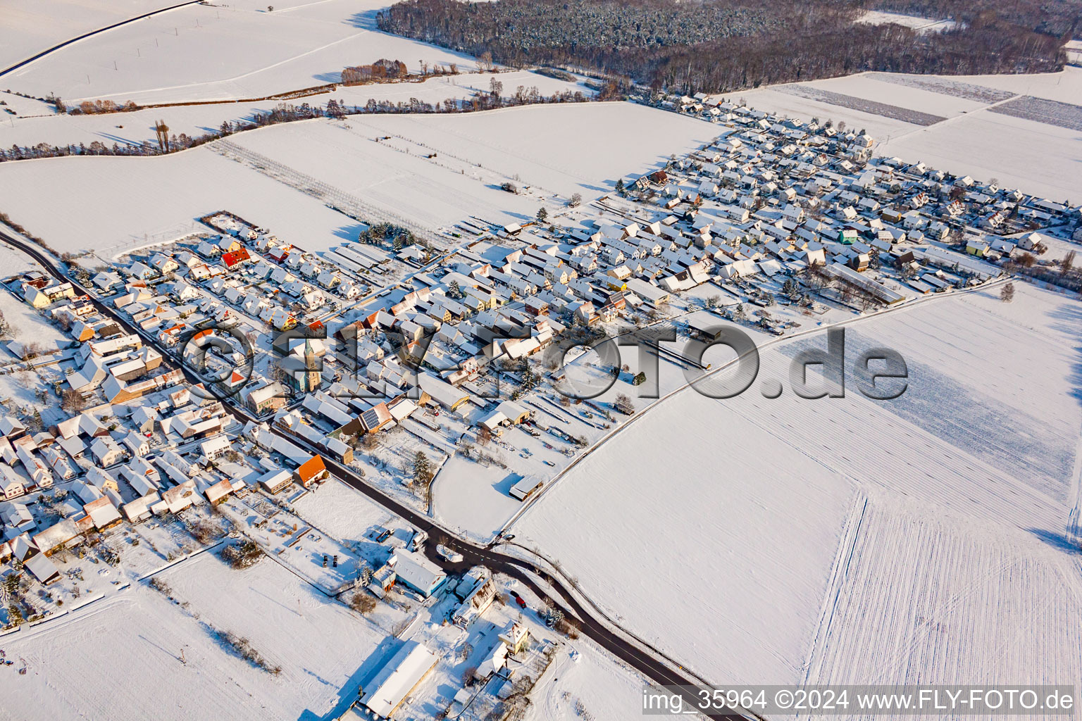 Photographie aérienne de Du sud-ouest en hiver quand il y a de la neige à Erlenbach bei Kandel dans le département Rhénanie-Palatinat, Allemagne