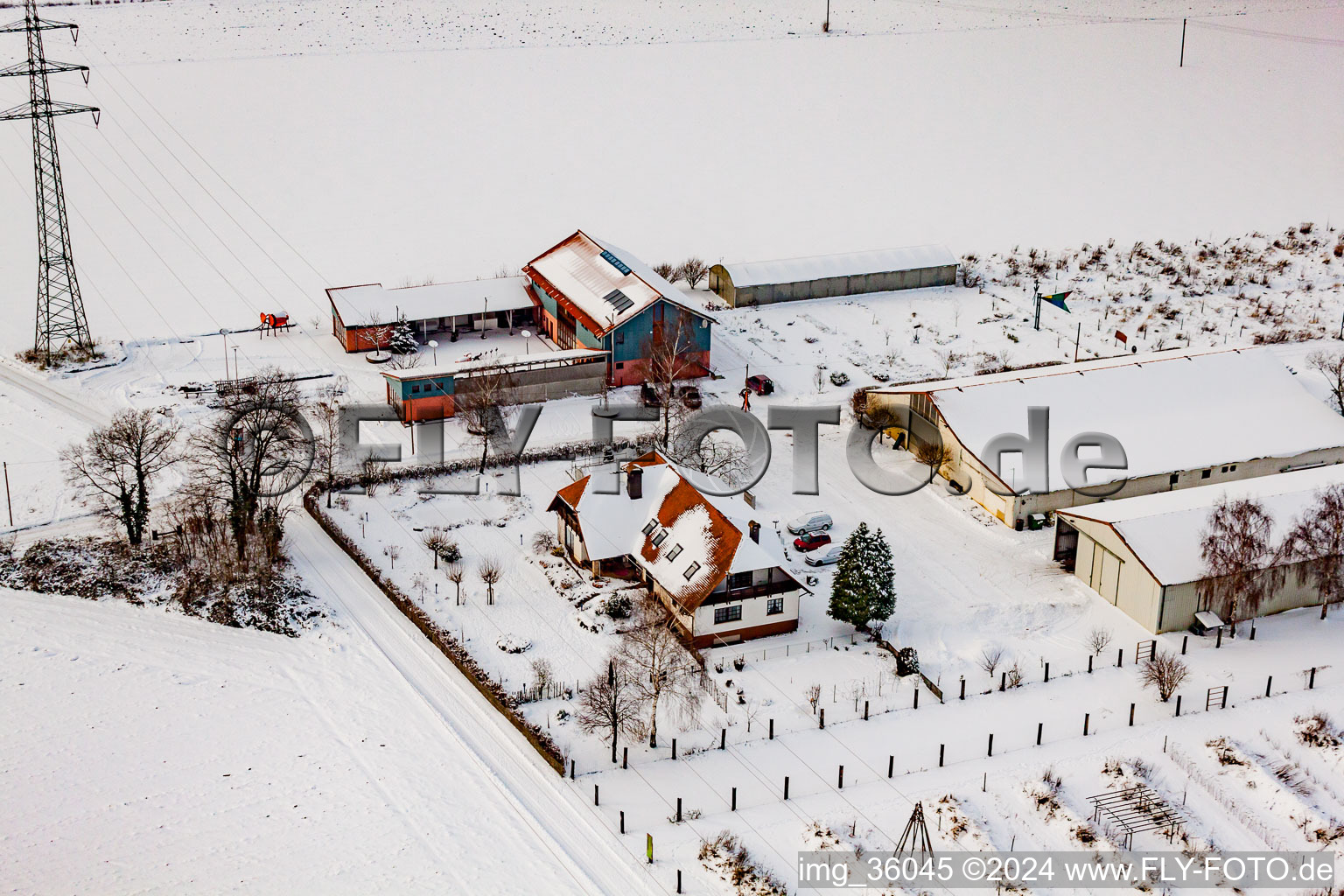 Vue aérienne de Schosberghof en hiver avec de la neige à Minfeld dans le département Rhénanie-Palatinat, Allemagne