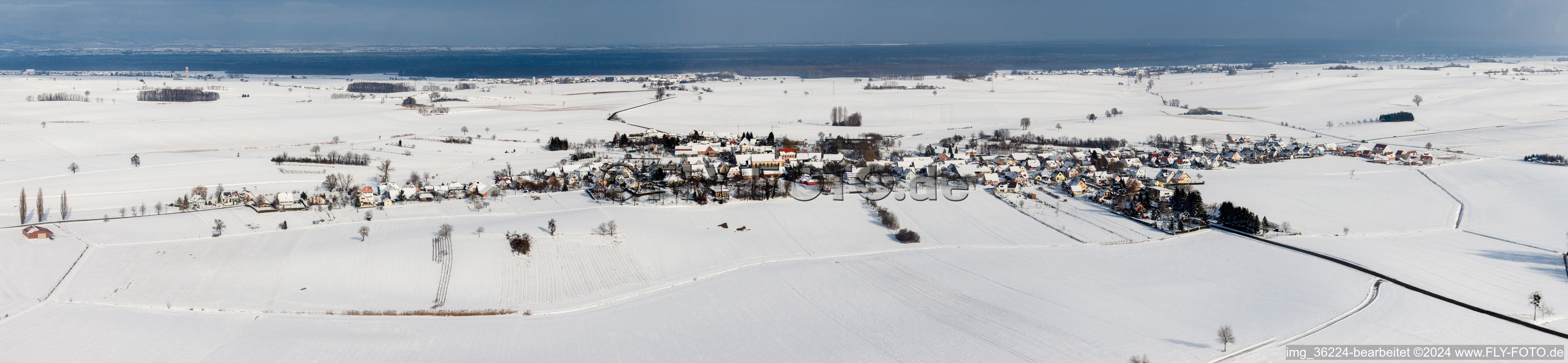 Vue aérienne de Perspective panoramique enneigée des champs agricoles et des terres agricoles en hiver à Oberlauterbach dans le département Bas Rhin, France