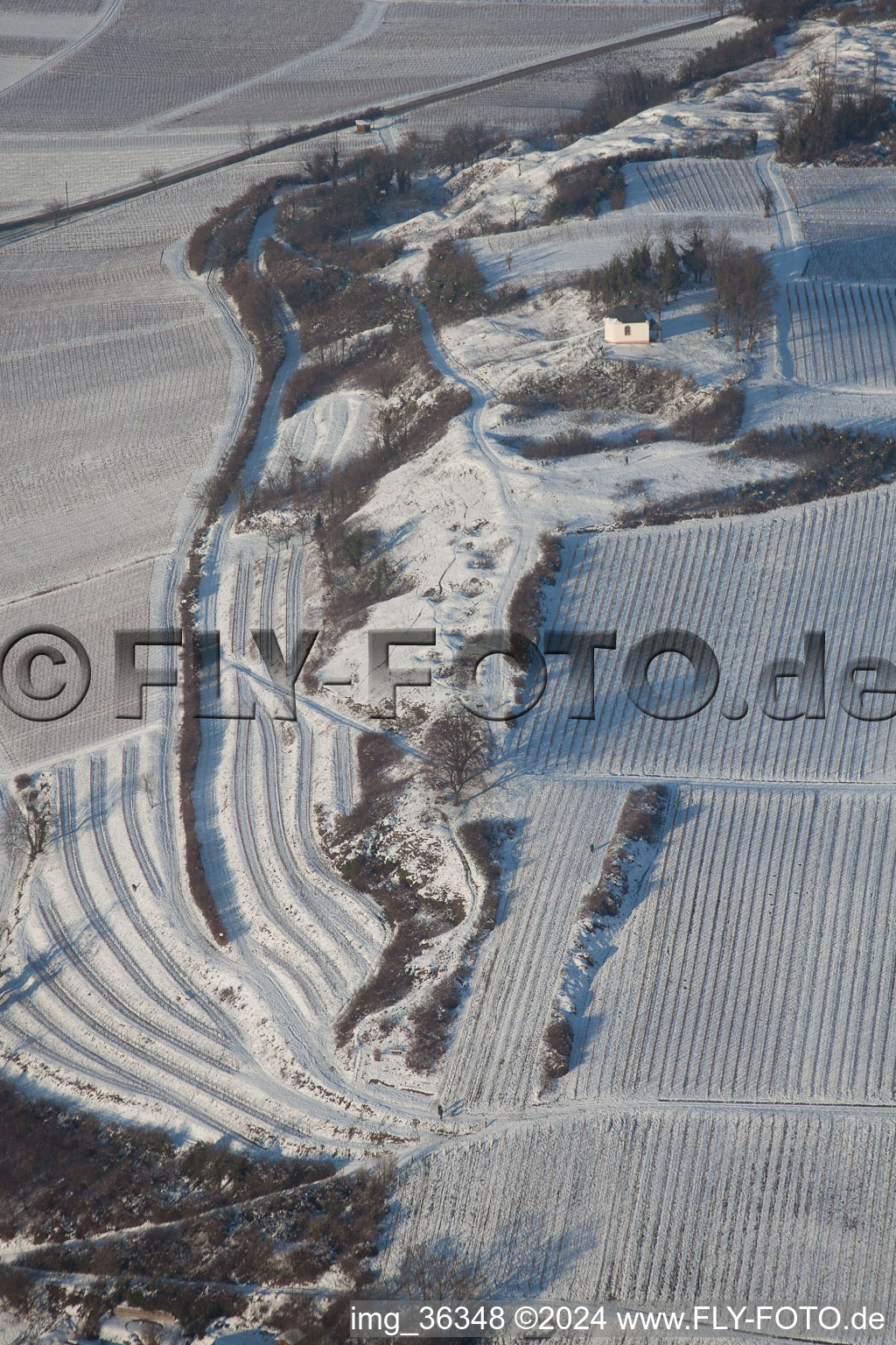 Vue aérienne de Petit Kalmit en hiver quand il y a de la neige à Ilbesheim bei Landau in der Pfalz dans le département Rhénanie-Palatinat, Allemagne