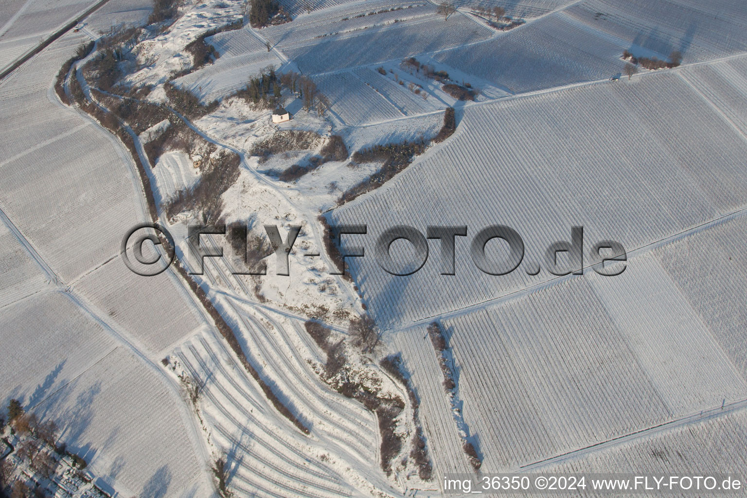 Vue aérienne de Petit Kalmit en hiver quand il y a de la neige à Ilbesheim bei Landau in der Pfalz dans le département Rhénanie-Palatinat, Allemagne