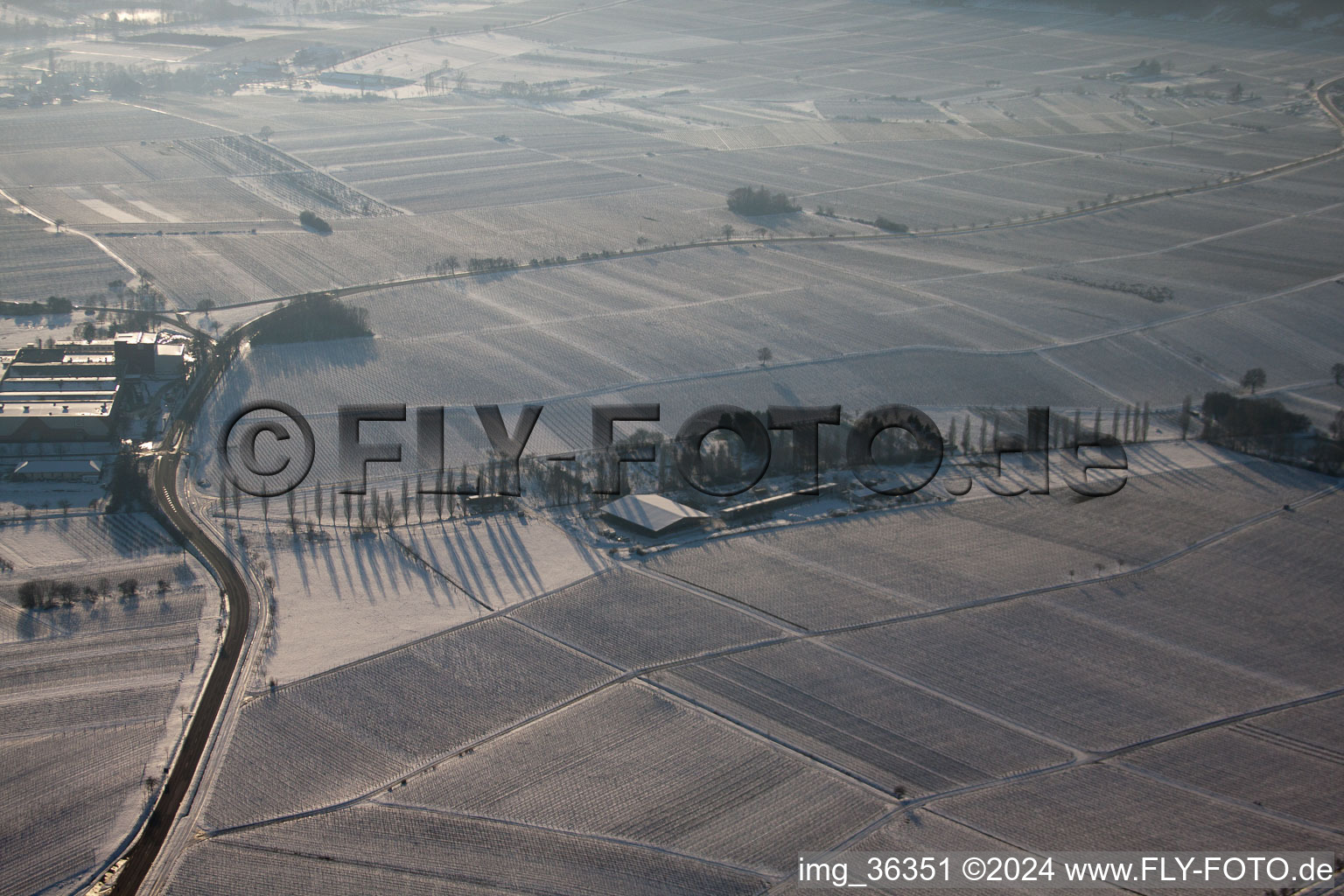 Vue aérienne de À l'Aalmühle en hiver quand il y a de la neige à Ilbesheim bei Landau in der Pfalz dans le département Rhénanie-Palatinat, Allemagne