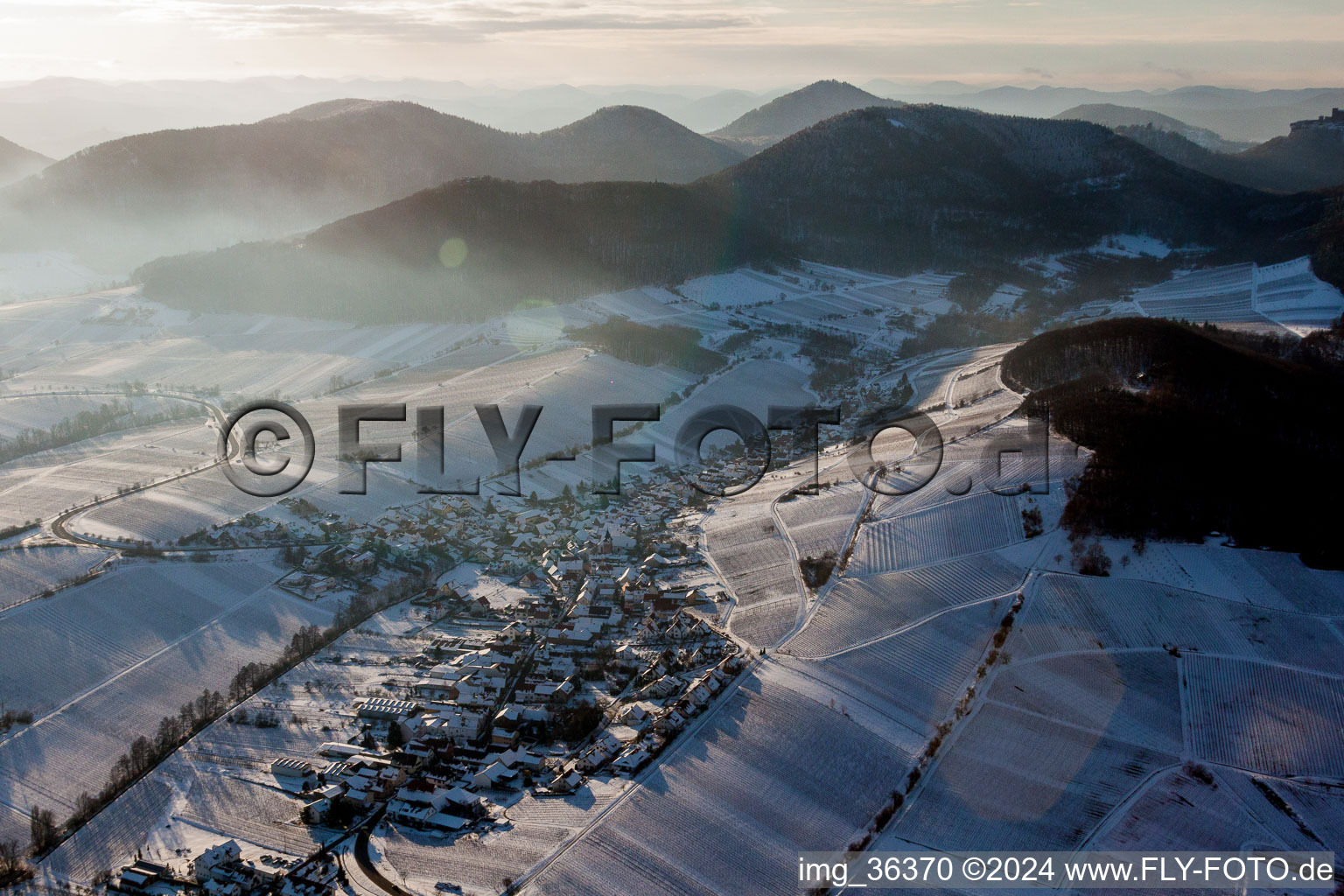 Photographie aérienne de Vignobles enneigés en hiver à Ranschbach dans le département Rhénanie-Palatinat, Allemagne