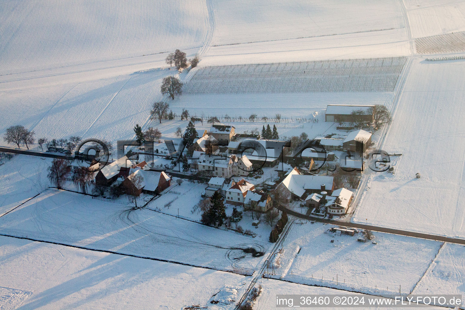 Vue aérienne de Installation photovoltaïque rotative enneigée en hiver sur une écurie dans le quartier Deutschhof à Kapellen-Drusweiler à Deutschhof dans le département Rhénanie-Palatinat, Allemagne