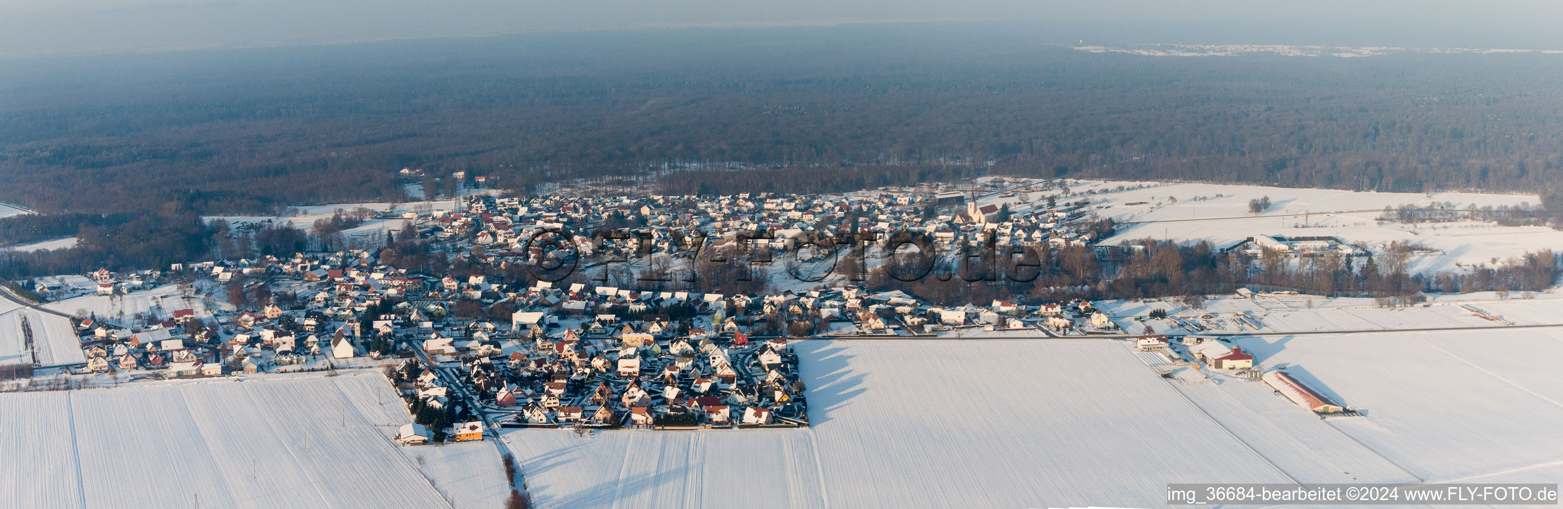 Vue aérienne de Panorama des champs agricoles et des zones agricoles enneigés en hiver à Scheibenhard dans le département Bas Rhin, France