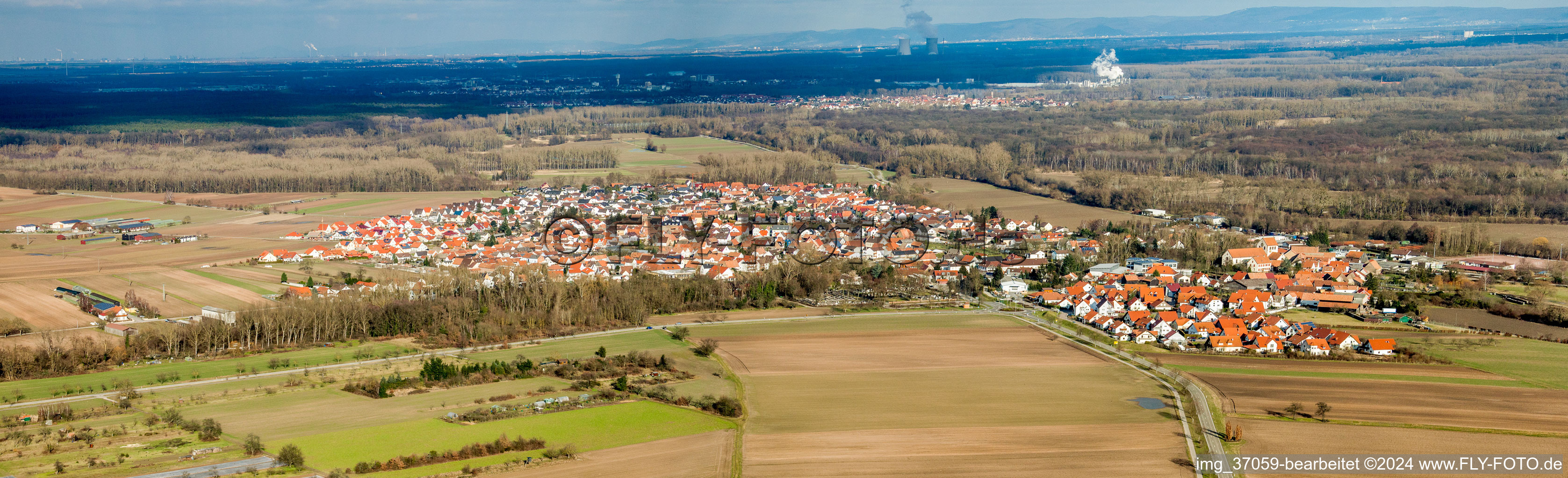 Vue aérienne de Perspective panoramique des champs agricoles et des terres agricoles à Hördt dans le département Rhénanie-Palatinat, Allemagne