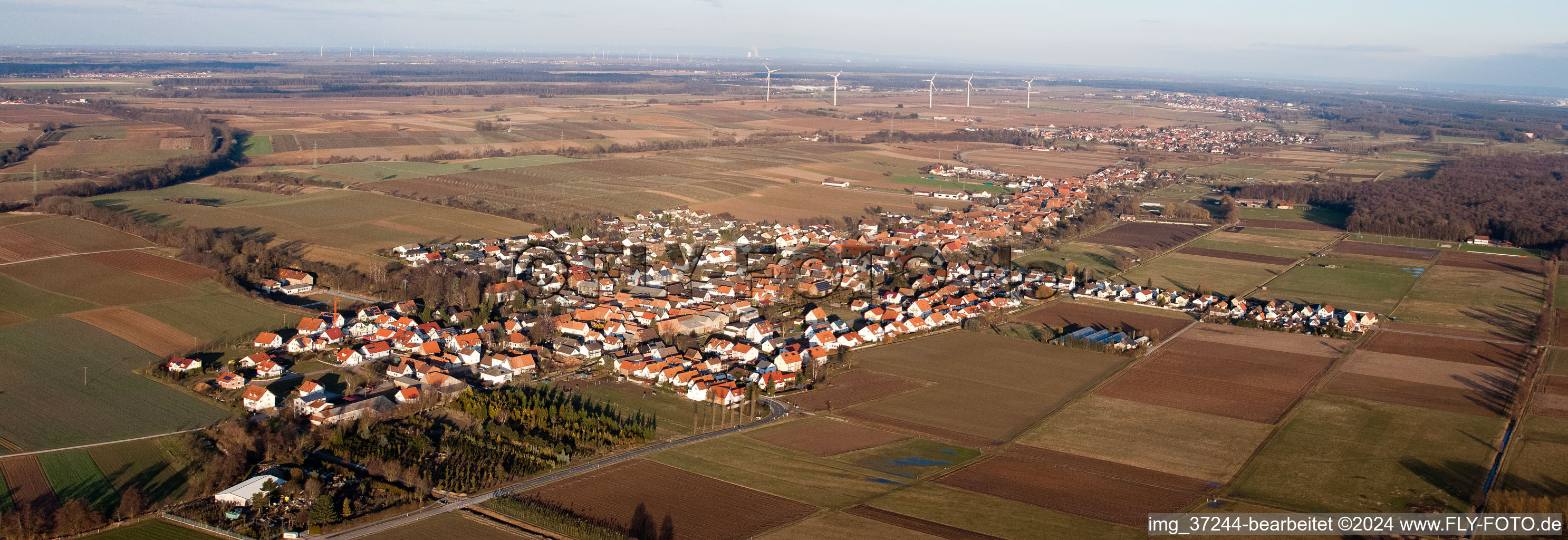 Vue aérienne de Champs agricoles et terres agricoles en perspective panoramique à Freckenfeld dans le département Rhénanie-Palatinat, Allemagne