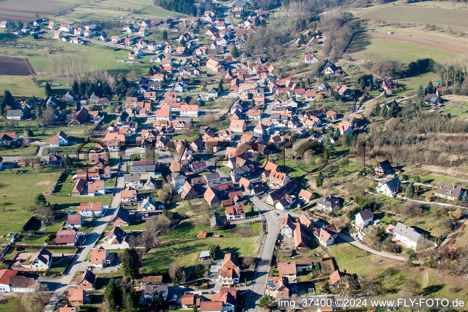 Vue aérienne de Champs agricoles et surfaces utilisables à Lobsann dans le département Bas Rhin, France