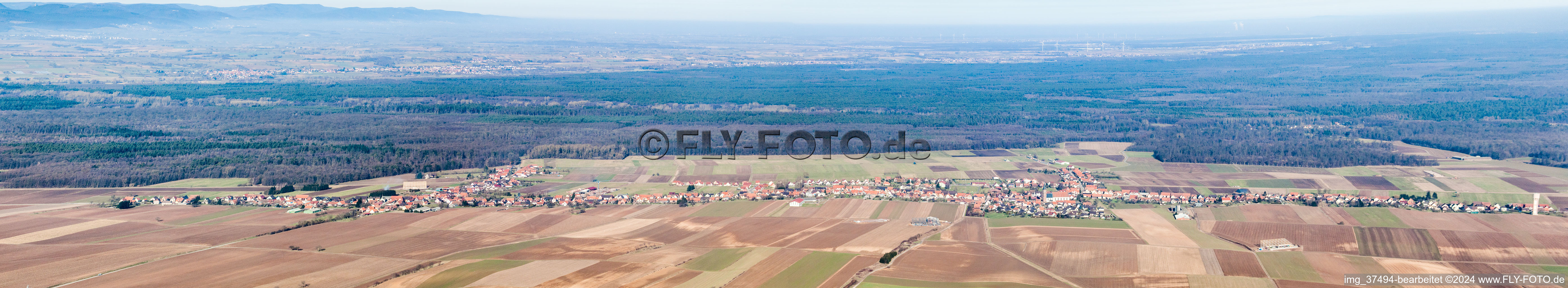 Vue aérienne de Perspective panoramique du plus long village d'Alsace à Schleithal dans le département Bas Rhin, France