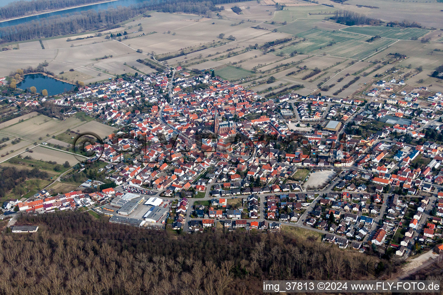 Vue aérienne de Zones riveraines du Rhin à le quartier Rheinsheim in Philippsburg dans le département Bade-Wurtemberg, Allemagne