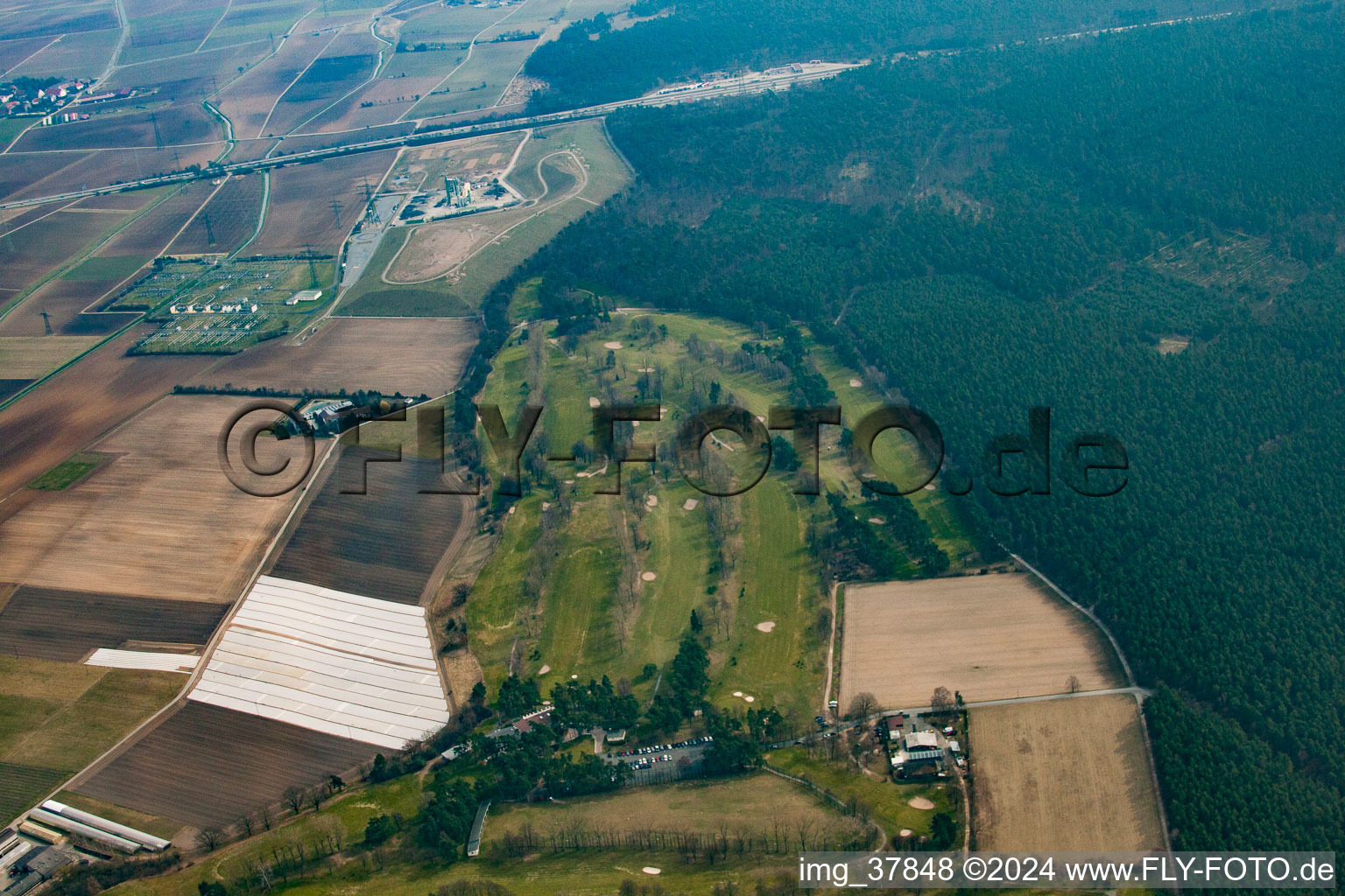 Vue aérienne de Terrain de golf Rheintal Gmbh dans les dunes d'Oftersheim à le quartier Hardtwaldsiedlung in Oftersheim dans le département Bade-Wurtemberg, Allemagne