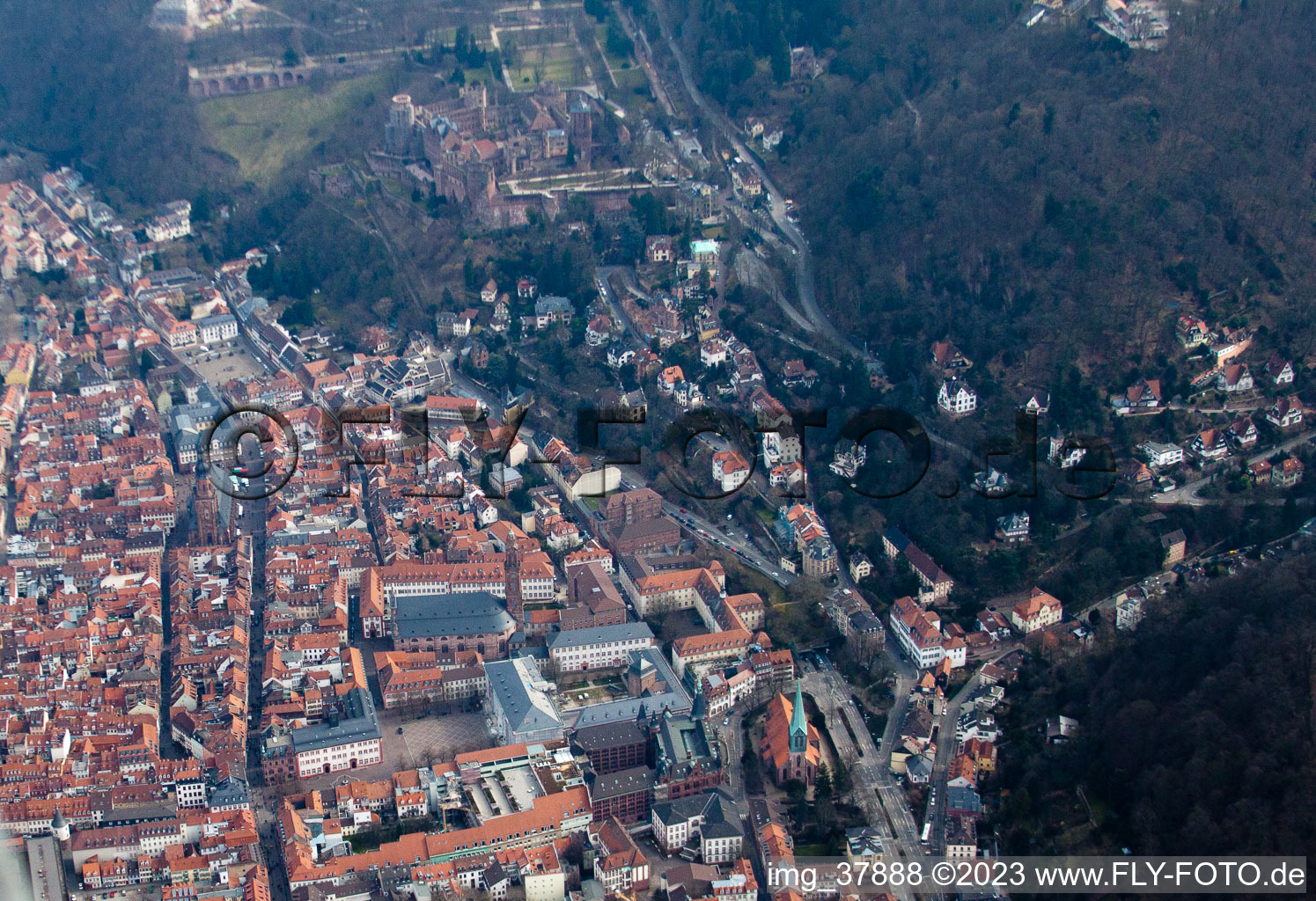 Vue aérienne de Université et château à le quartier Kernaltstadt in Heidelberg dans le département Bade-Wurtemberg, Allemagne