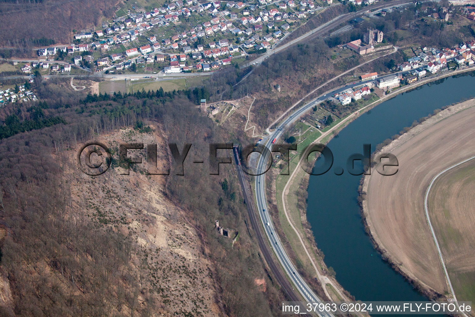 Photographie aérienne de Château central de 1165 à Neckarsteinach dans le département Hesse, Allemagne