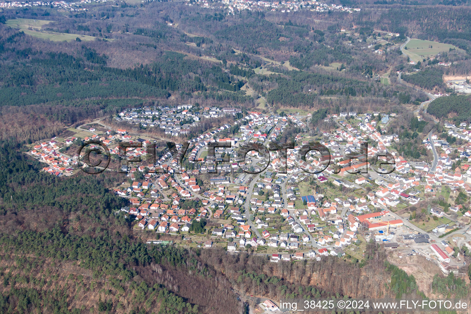 Vue aérienne de Vue des rues et des maisons des quartiers résidentiels à Lemberg dans le département Rhénanie-Palatinat, Allemagne