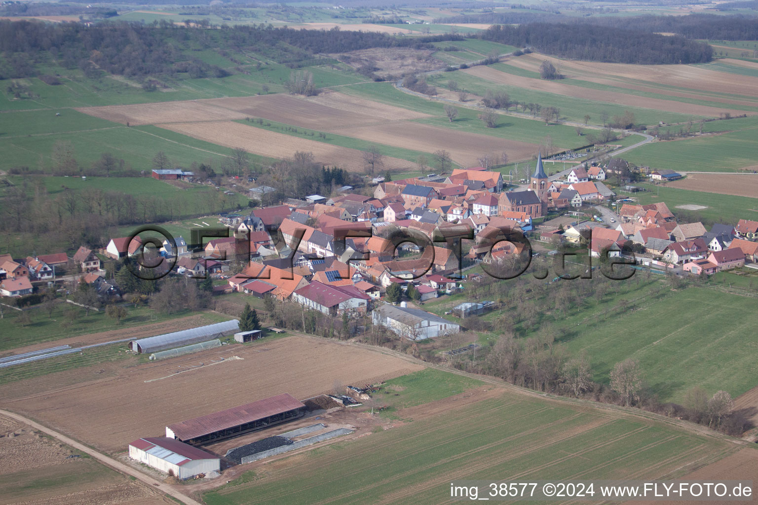 Vue aérienne de Champs agricoles et surfaces utilisables à Geiswiller dans le département Bas Rhin, France