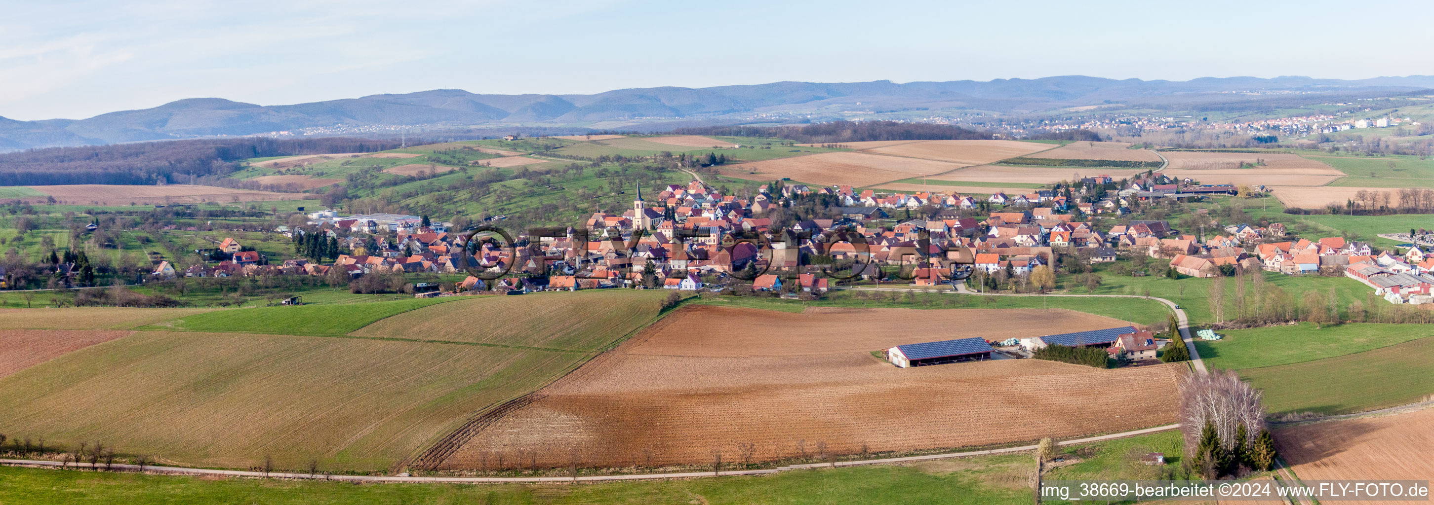 Vue aérienne de Champs agricoles et terres agricoles en perspective panoramique à Mietesheim dans le département Bas Rhin, France