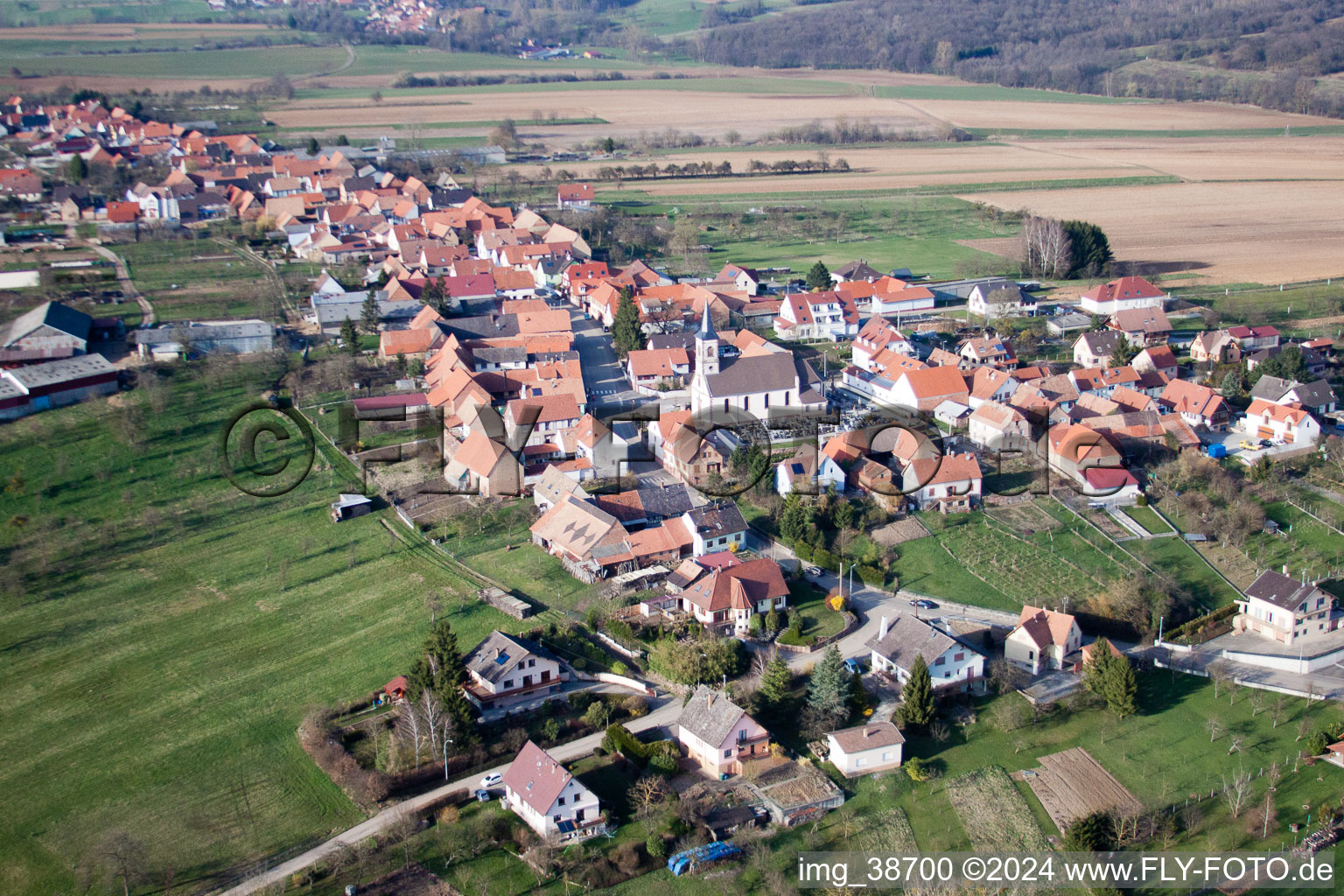 Vue aérienne de Champs agricoles et surfaces utilisables à Forstheim dans le département Bas Rhin, France