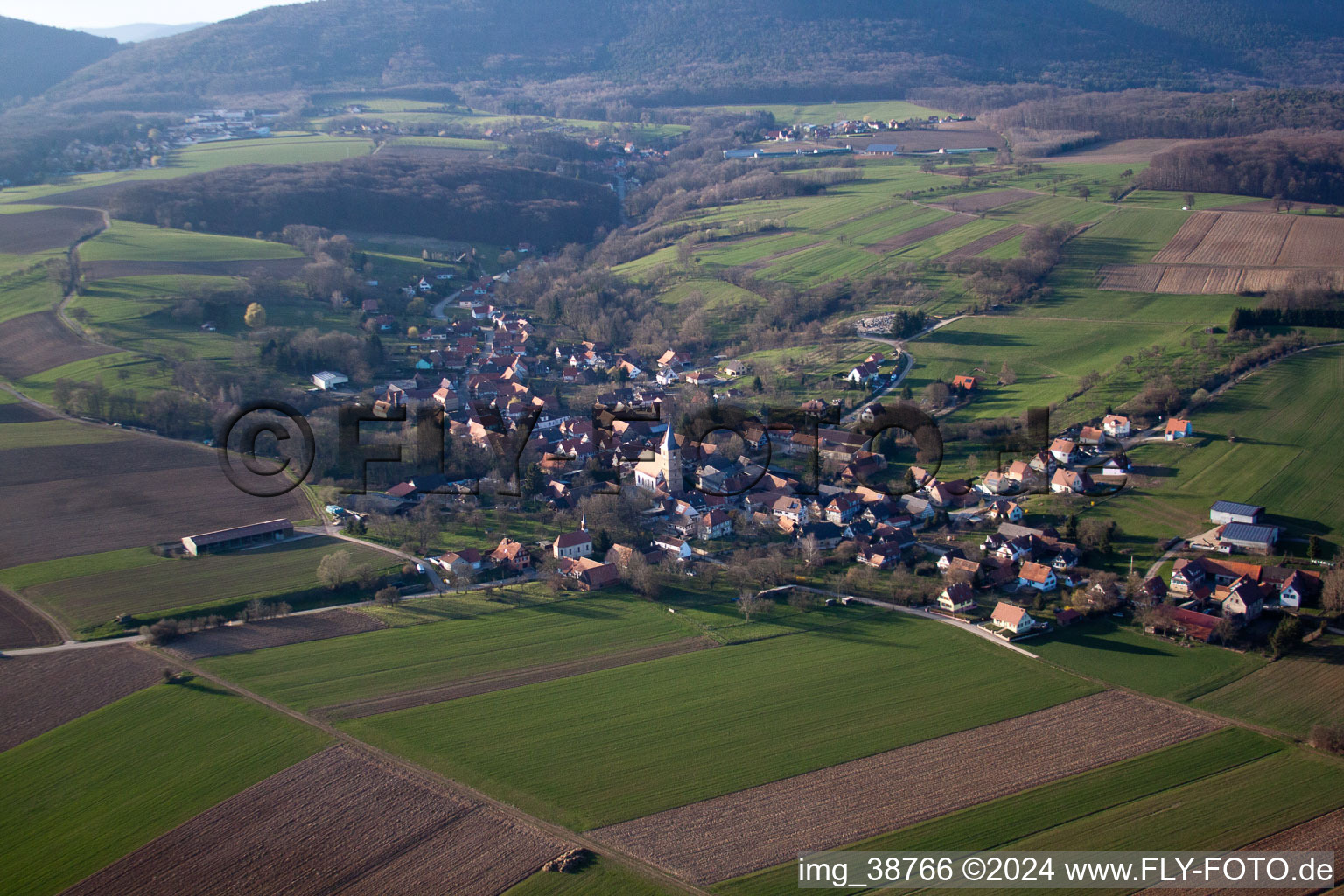 Vue aérienne de Champs agricoles et surfaces utilisables à Drachenbronn-Birlenbach dans le département Bas Rhin, France