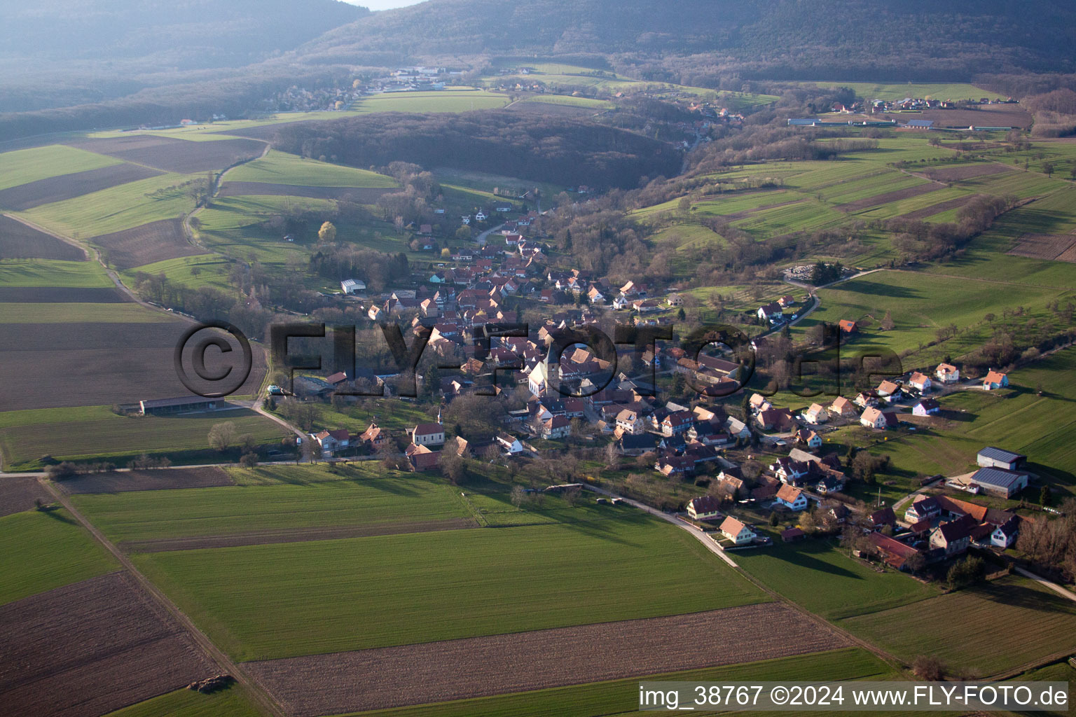 Vue aérienne de Champs agricoles et surfaces utilisables à Drachenbronn-Birlenbach dans le département Bas Rhin, France