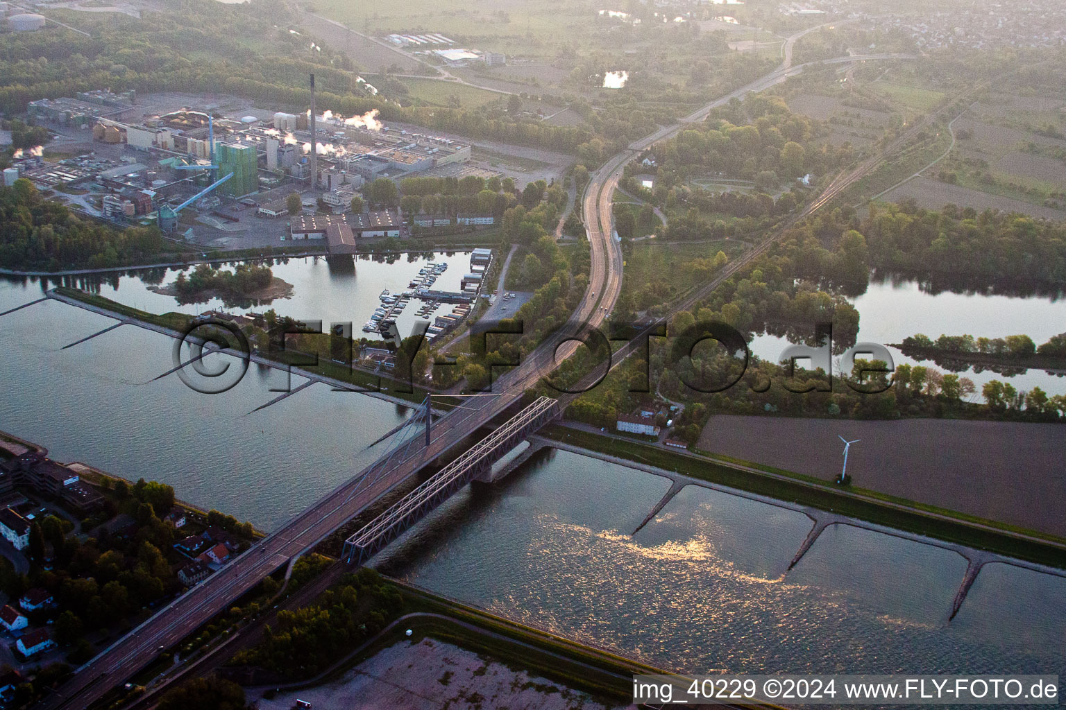 Vue aérienne de Tracé et voies le long du pont autoroutier - Pont sur le Rhin du BAB A10 à le quartier Maximiliansau in Wörth am Rhein dans le département Rhénanie-Palatinat, Allemagne