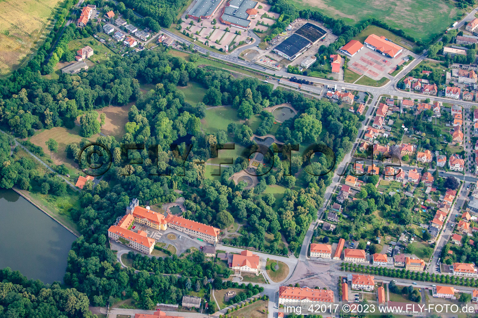 Vue aérienne de Château et parc du château avec étang du château Ballenstedt à Ballenstedt dans le département Saxe-Anhalt, Allemagne