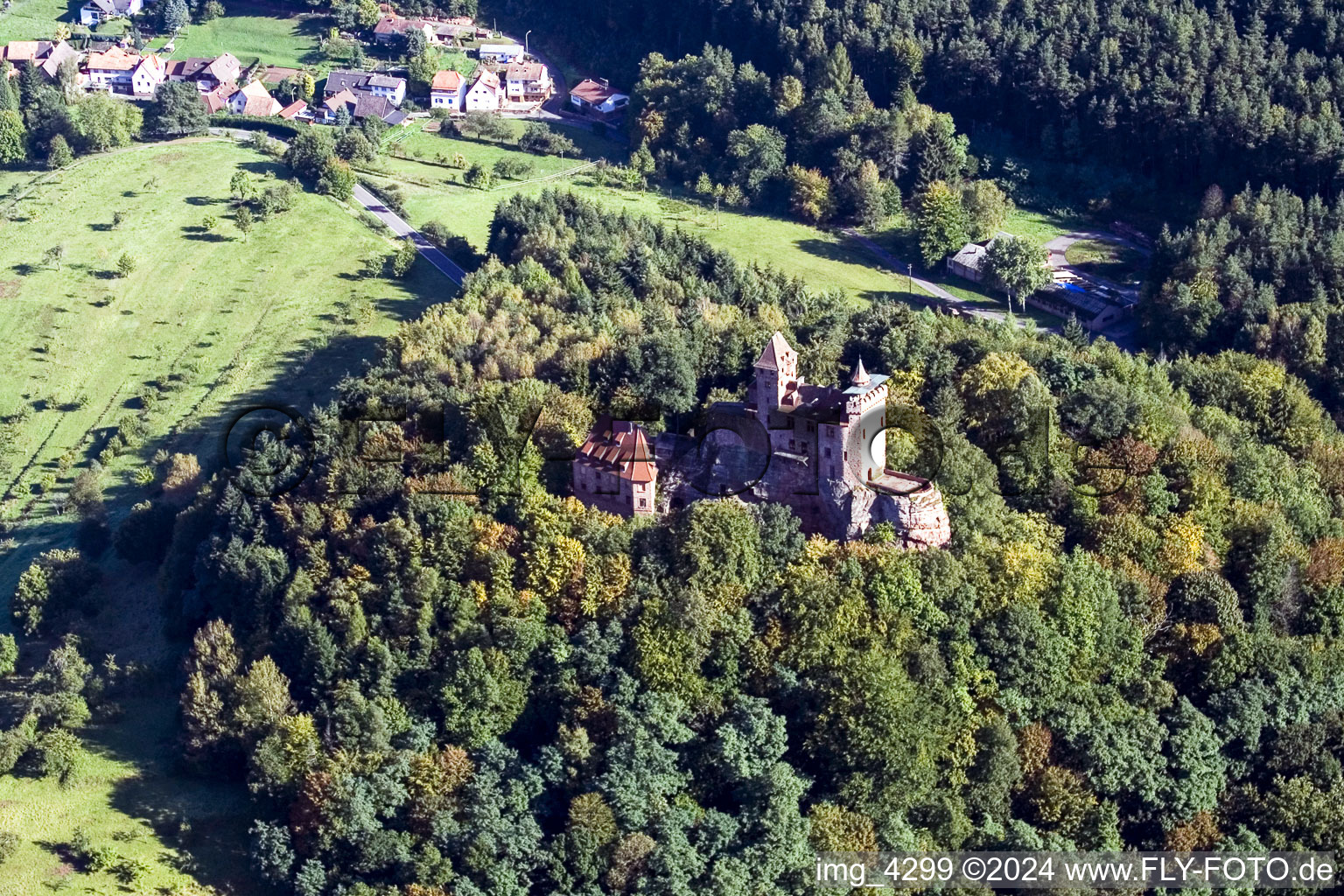 Château de Berwartstein à Erlenbach bei Dahn dans le département Rhénanie-Palatinat, Allemagne depuis l'avion