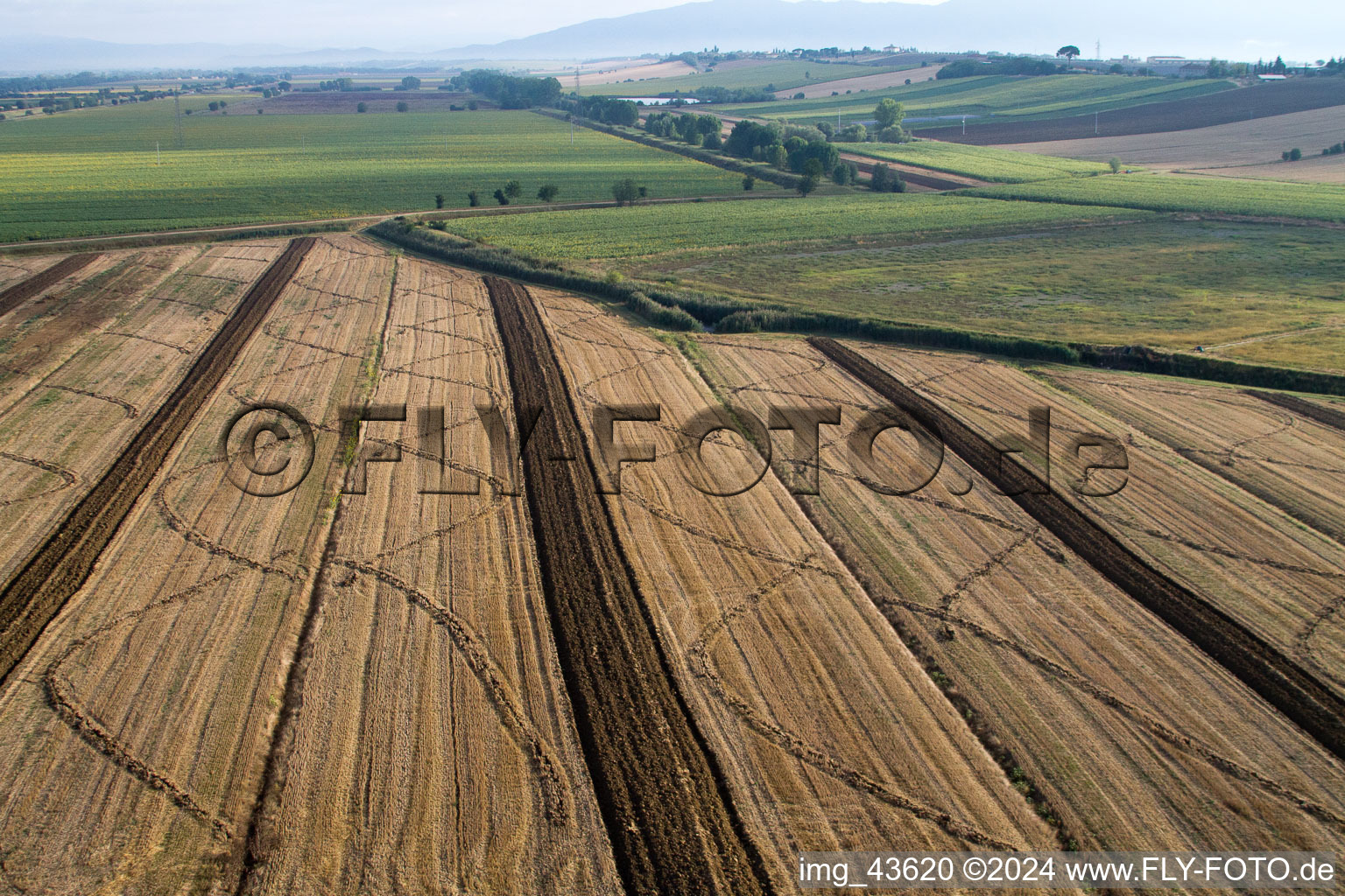 Vue aérienne de Structures de champ de maïs récoltées Paysage sur un champ de céréales à Anatraia dans le département Toscane, Italie