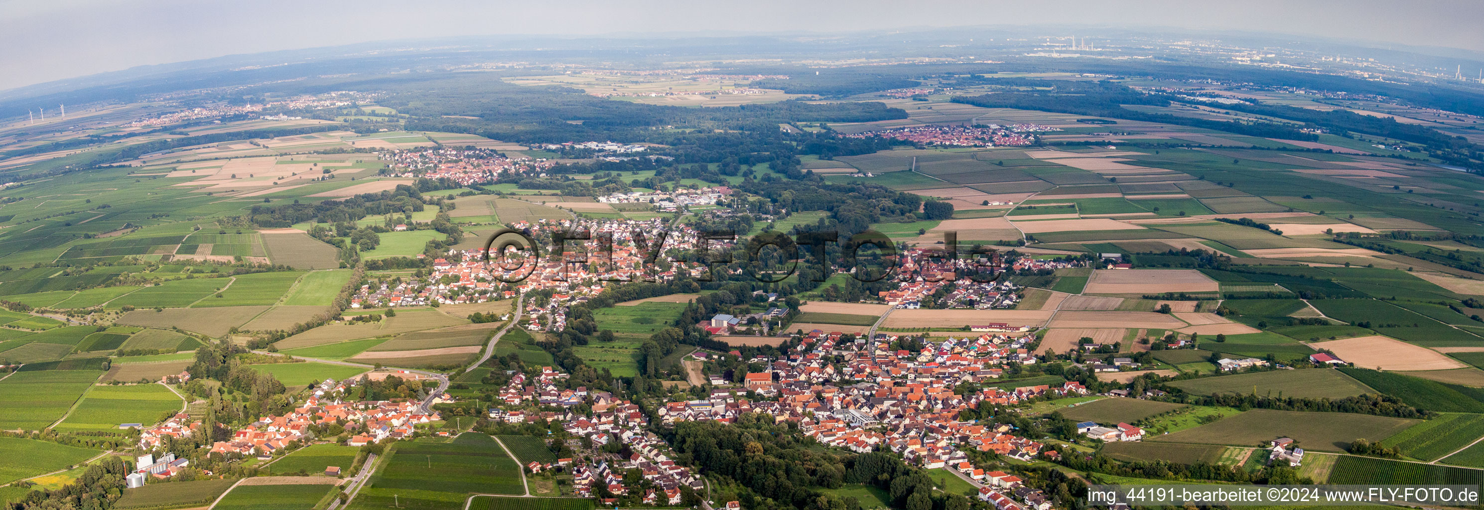 Vue aérienne de Champs agricoles et terres agricoles en perspective panoramique à le quartier Billigheim in Billigheim-Ingenheim dans le département Rhénanie-Palatinat, Allemagne