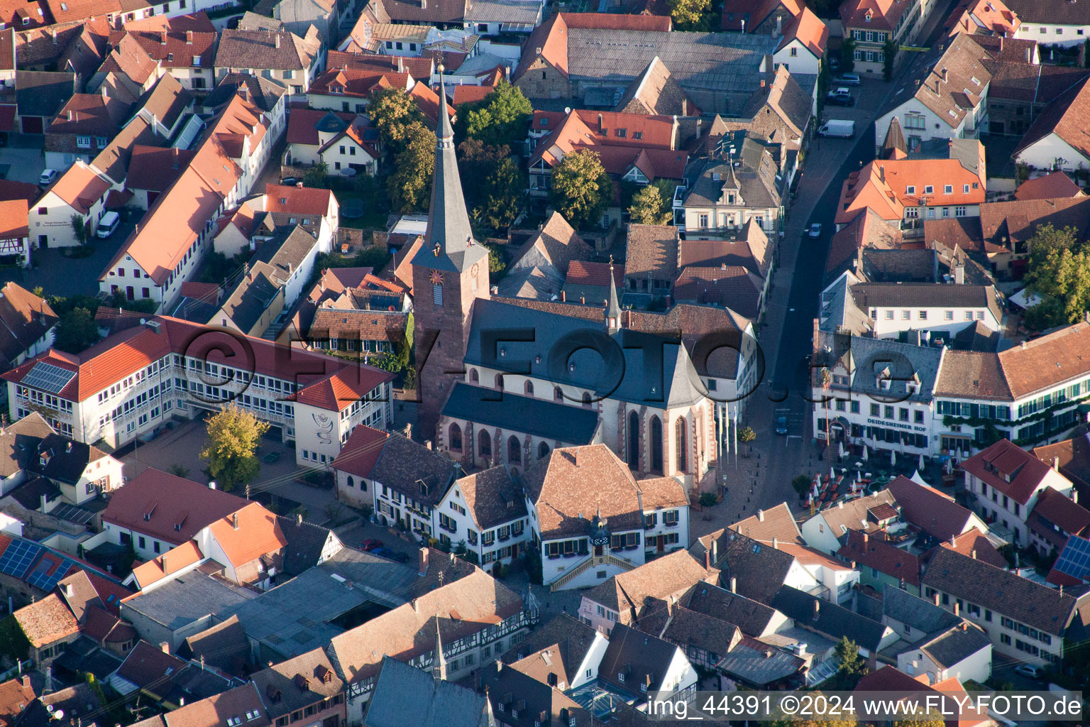 Vue oblique de Vieille ville et centre-ville à Deidesheim dans le département Rhénanie-Palatinat, Allemagne