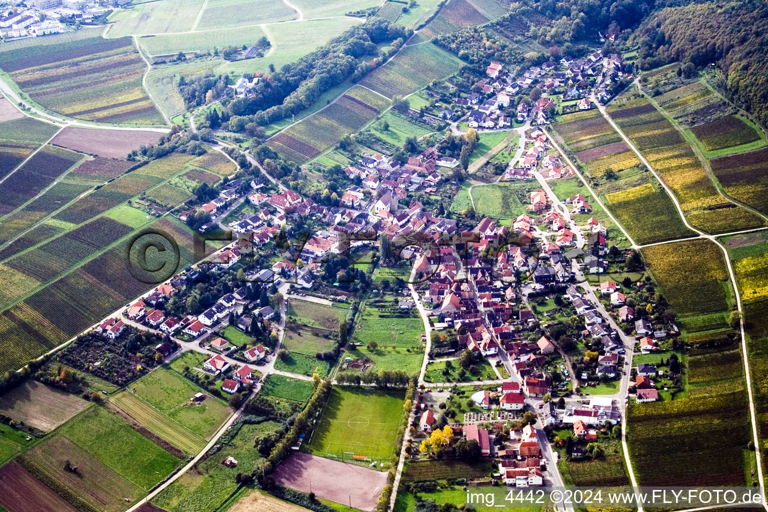 Vue aérienne de Pleisweiler-Oberhofen depuis le nord-ouest à le quartier Gleishorbach in Gleiszellen-Gleishorbach dans le département Rhénanie-Palatinat, Allemagne