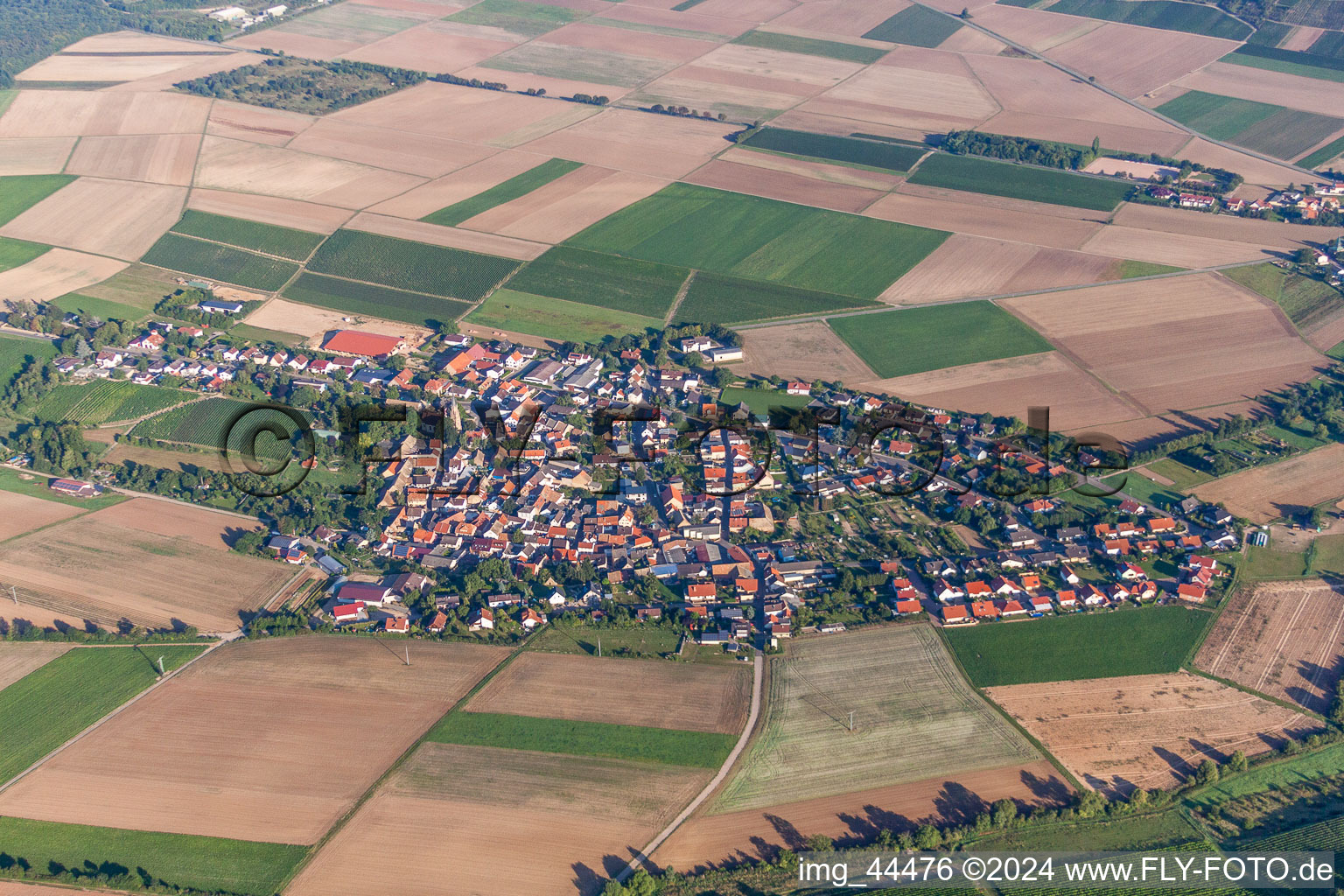 Vue aérienne de Champs agricoles et surfaces utilisables à Stein-Bockenheim dans le département Rhénanie-Palatinat, Allemagne