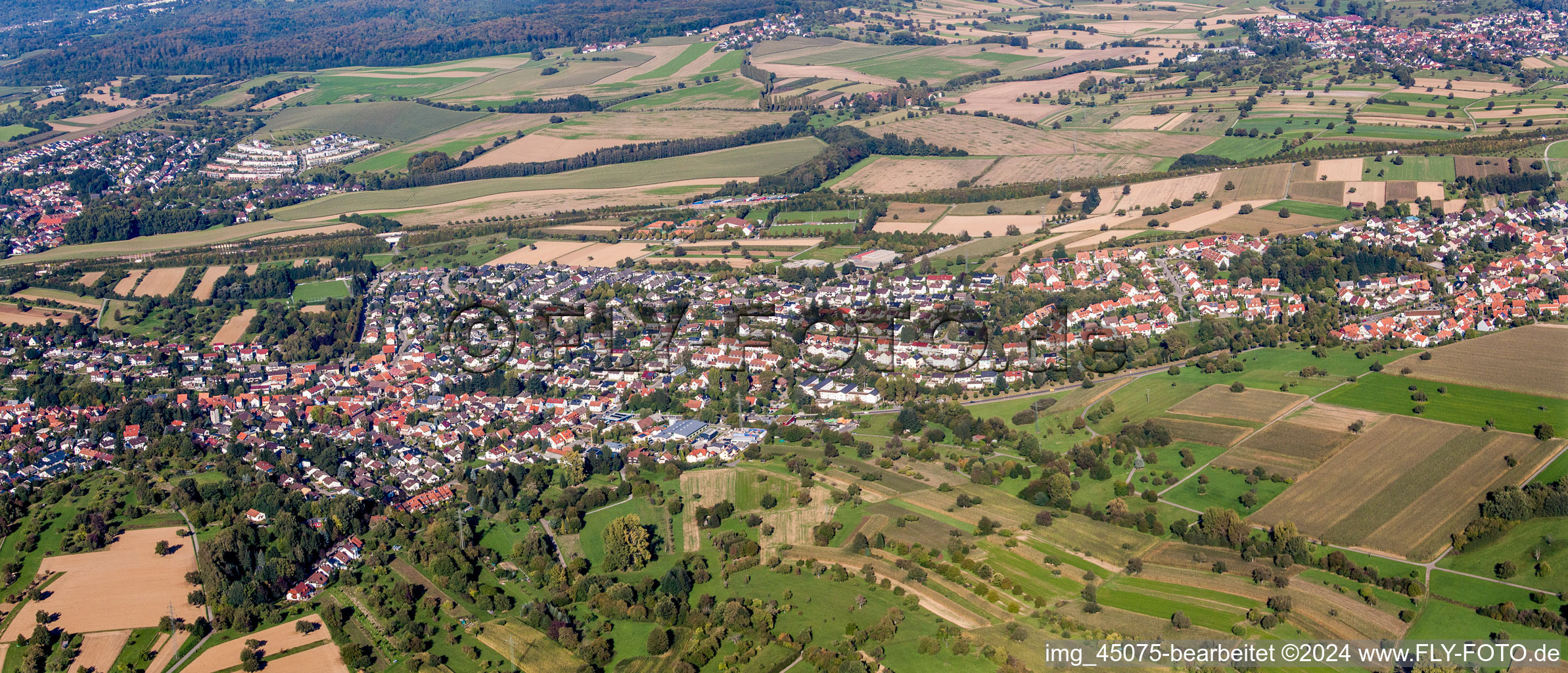 Vue aérienne de Vue panoramique en perspective des rues et des maisons des quartiers résidentiels à le quartier Grünwettersbach in Karlsruhe dans le département Bade-Wurtemberg, Allemagne