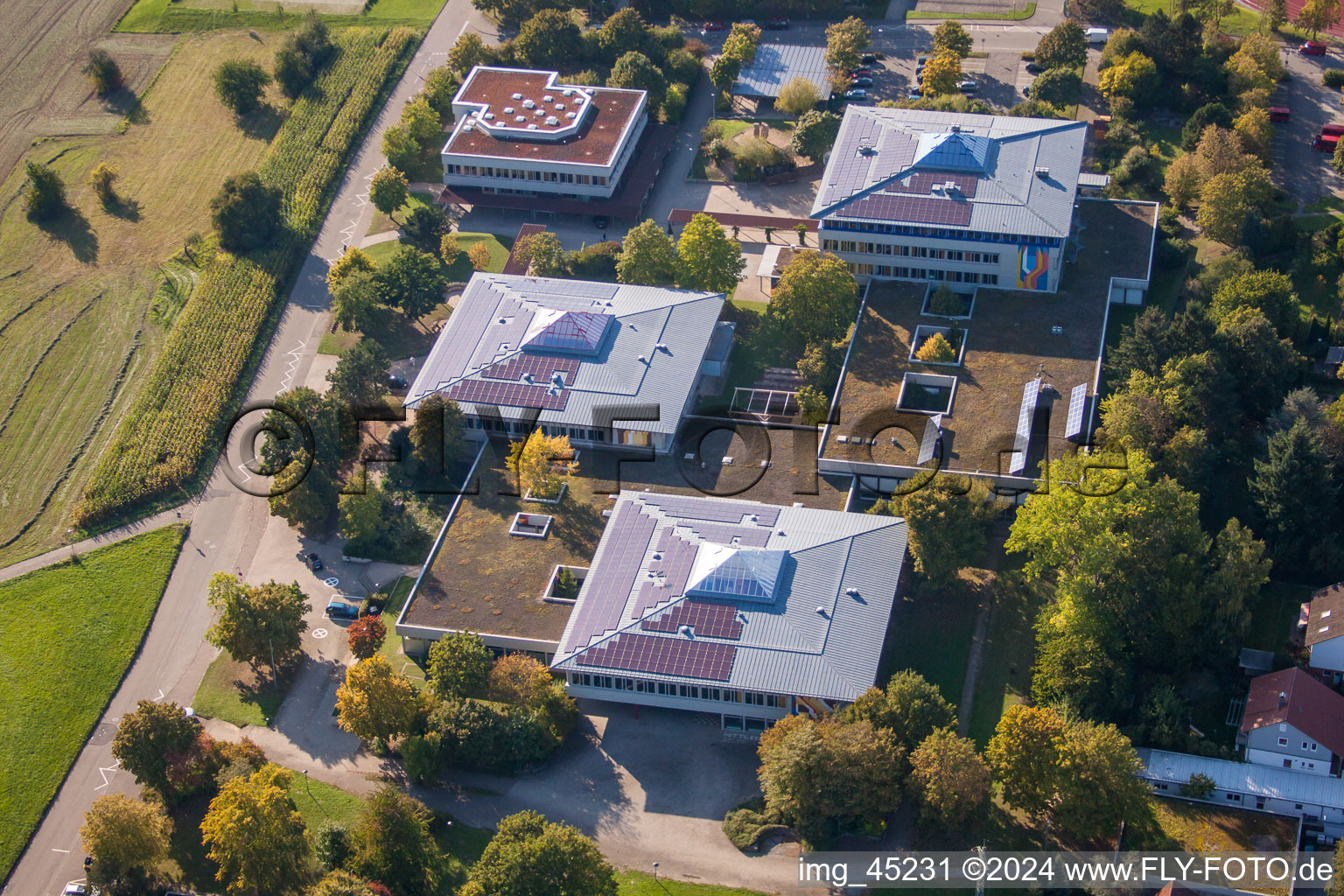 Photographie aérienne de Ensemble des terrains de sport du TC Langensteinbach et du lycée Karlsbad à le quartier Langensteinbach in Karlsbad dans le département Bade-Wurtemberg, Allemagne