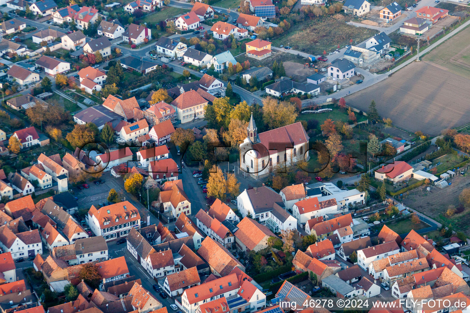Vue aérienne de Bâtiment de l'église de Saint-Barthélemy à Zeiskam dans le département Rhénanie-Palatinat, Allemagne