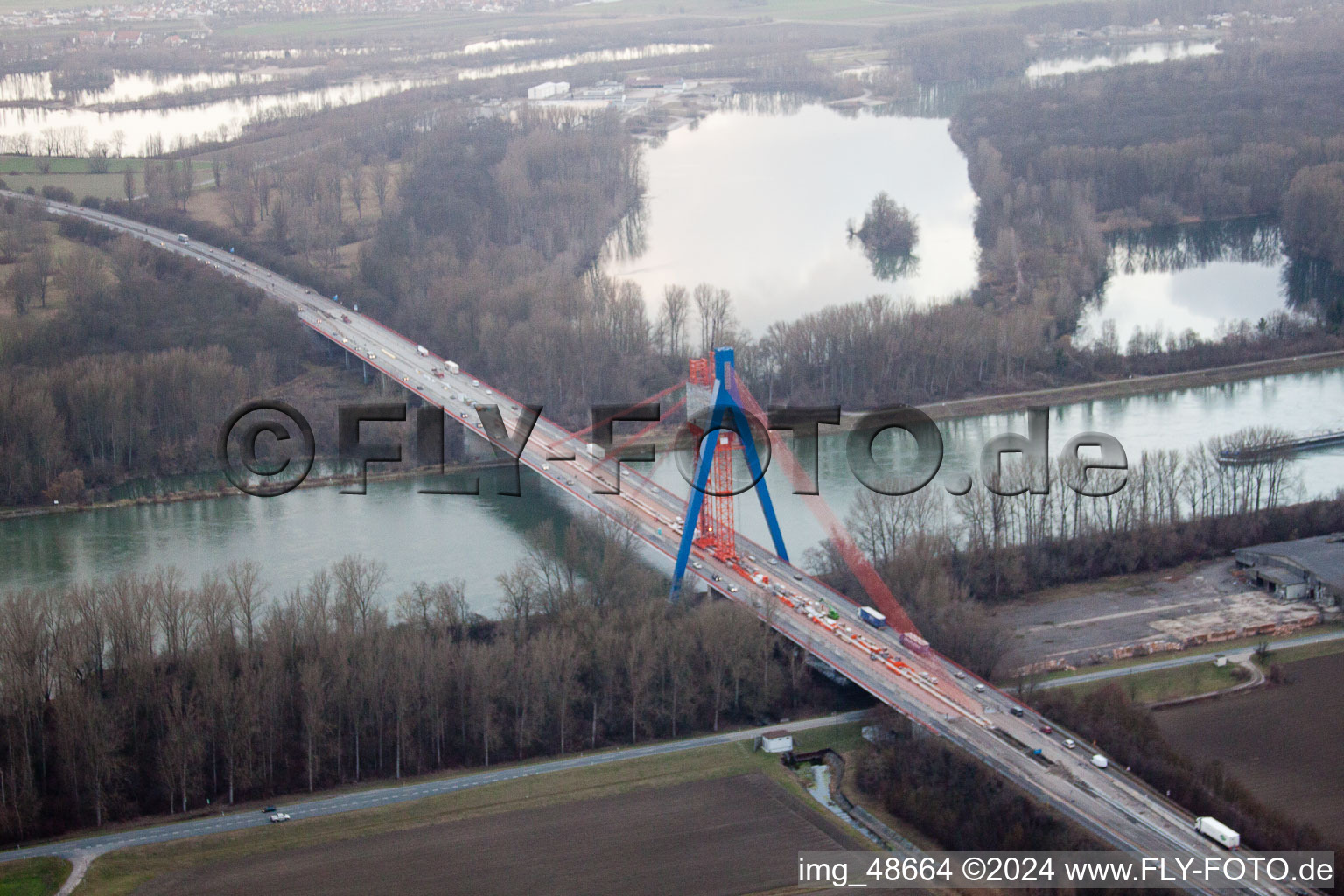 Vue aérienne de Chantier de construction d'un pont routier à Speyer dans le département Rhénanie-Palatinat, Allemagne