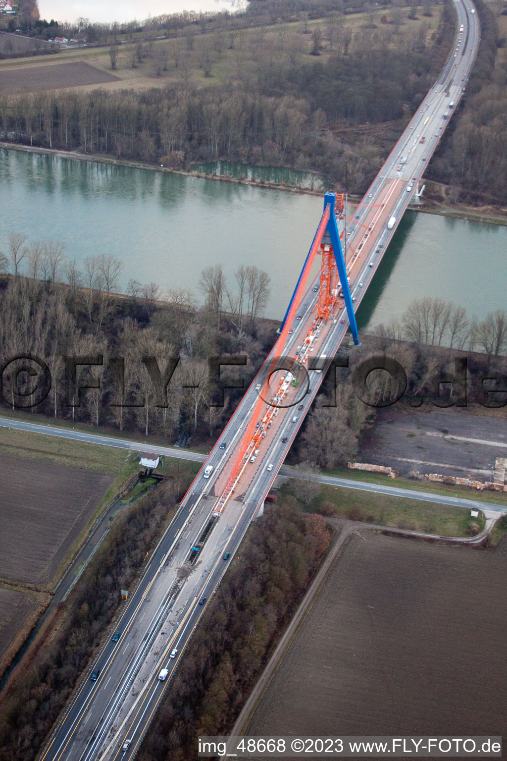 Vue oblique de Chantier de construction d'un pont routier à Speyer dans le département Rhénanie-Palatinat, Allemagne