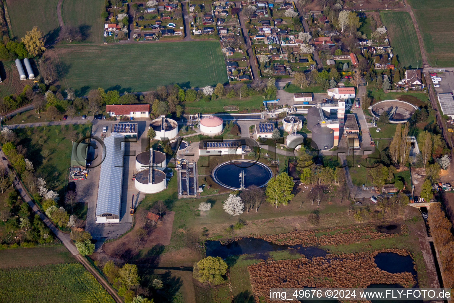 Vue aérienne de Réservoirs de traitement des eaux usées et étapes de nettoyage pour le traitement des eaux usées à Grünstadt dans le département Rhénanie-Palatinat, Allemagne