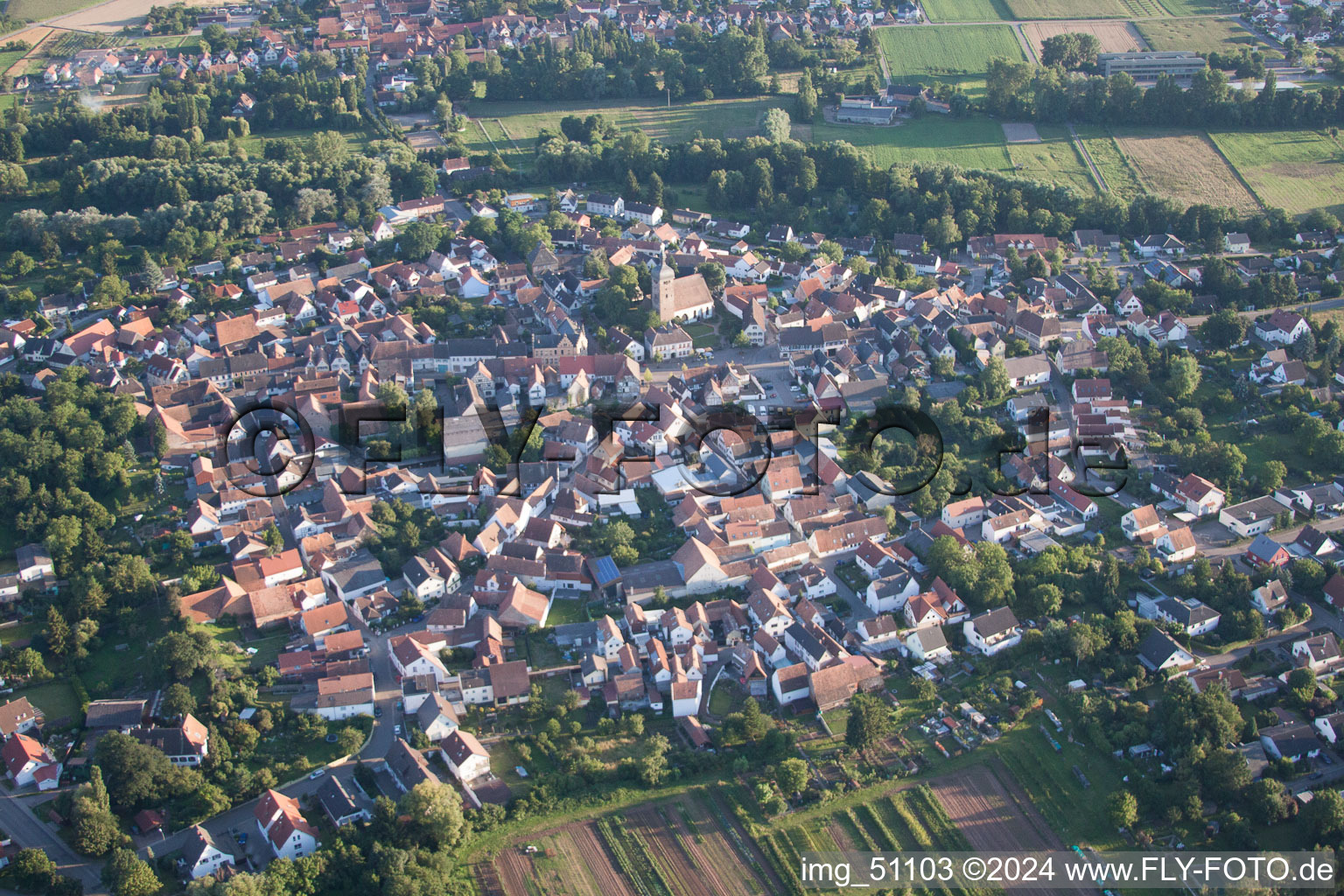 Vue aérienne de Vue des rues et des maisons des quartiers résidentiels à le quartier Billigheim in Billigheim-Ingenheim dans le département Rhénanie-Palatinat, Allemagne