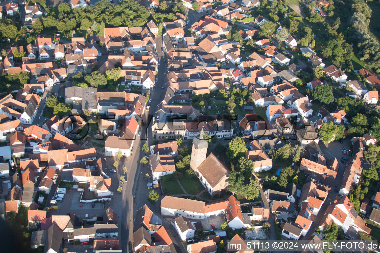 Vue des rues et des maisons des quartiers résidentiels à le quartier Billigheim in Billigheim-Ingenheim dans le département Rhénanie-Palatinat, Allemagne depuis l'avion