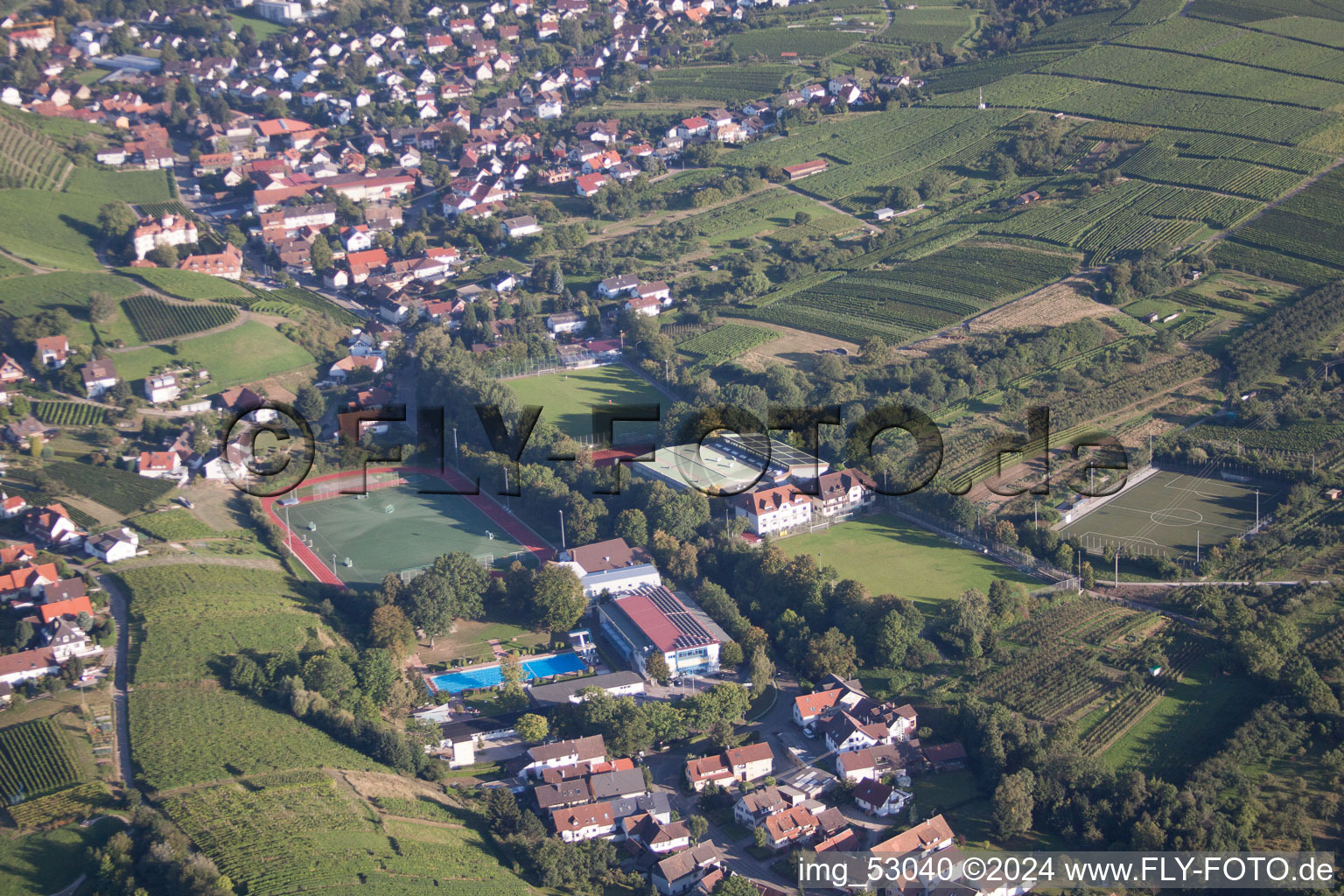 Vue aérienne de Ensemble des terrains de sport de l'école de sport du sud de Baden à le quartier Steinbach in Baden-Baden dans le département Bade-Wurtemberg, Allemagne