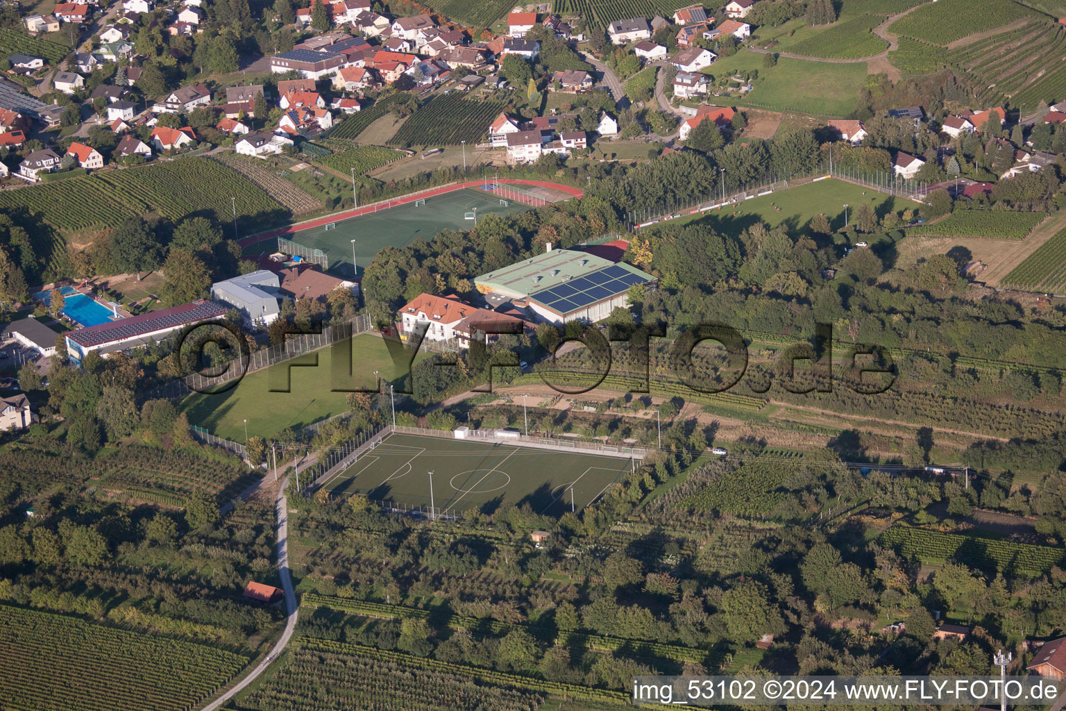 Ensemble des terrains de sport de l'école de sport du sud de Baden à le quartier Steinbach in Baden-Baden dans le département Bade-Wurtemberg, Allemagne vue du ciel