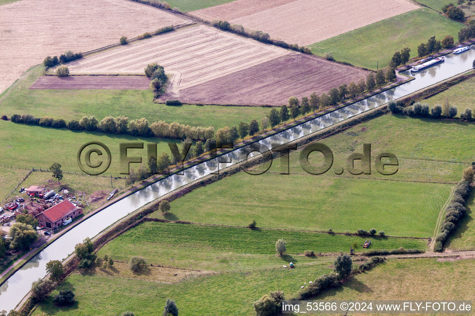 Vue aérienne de Tracé du canal et berges arborées de la voie navigable Canal de la Marne au Rhin à Schwindratzheim dans le département Bas Rhin, France